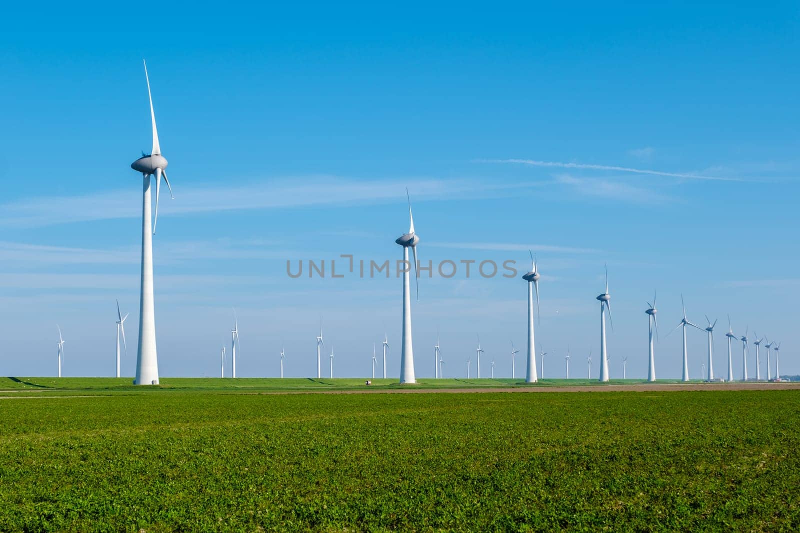 A vast field of lush green grass stretches as far as the eye can see, dotted with towering windmills in the background, their blades spinning gracefully in the breeze by fokkebok
