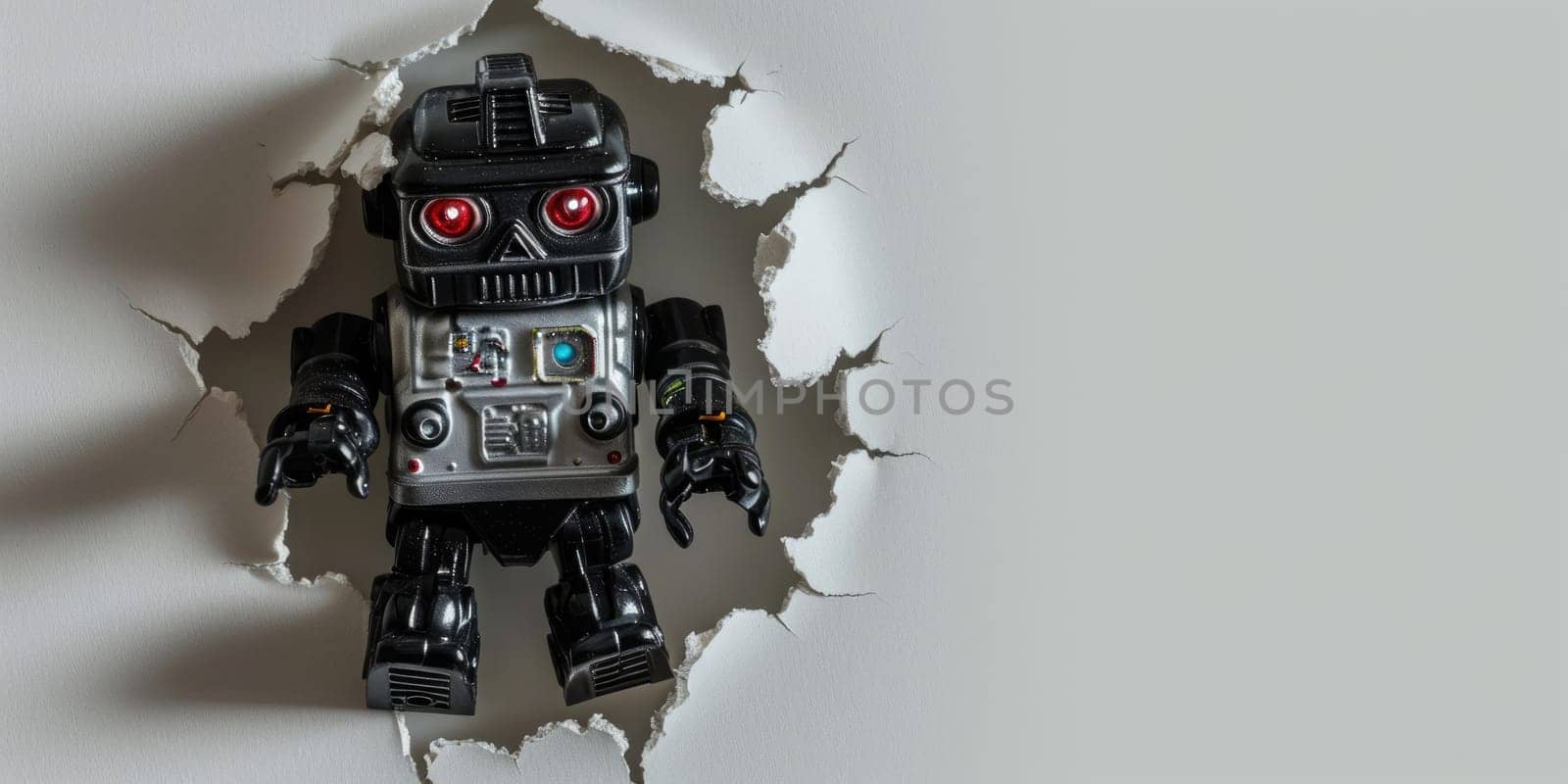 Close up view picture of the hollow white hole on the the wall that show the robot stay inside the wall that has been made from some material yet still can be break to look through other side. AIGX03.