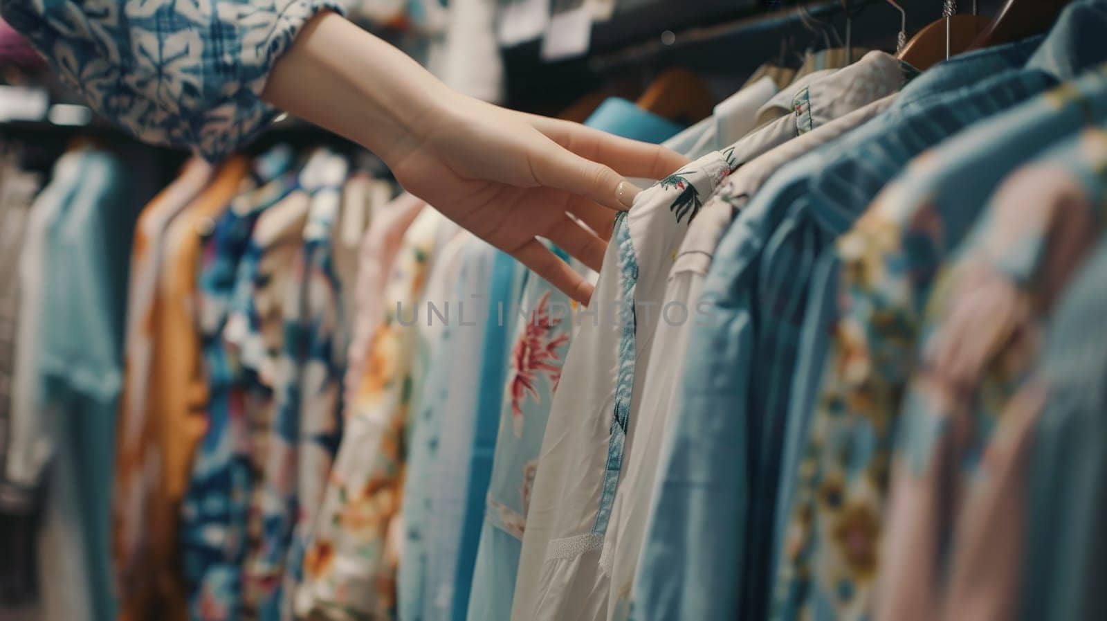 A female hands choosing clothes in a clothing store, Summer outfit.