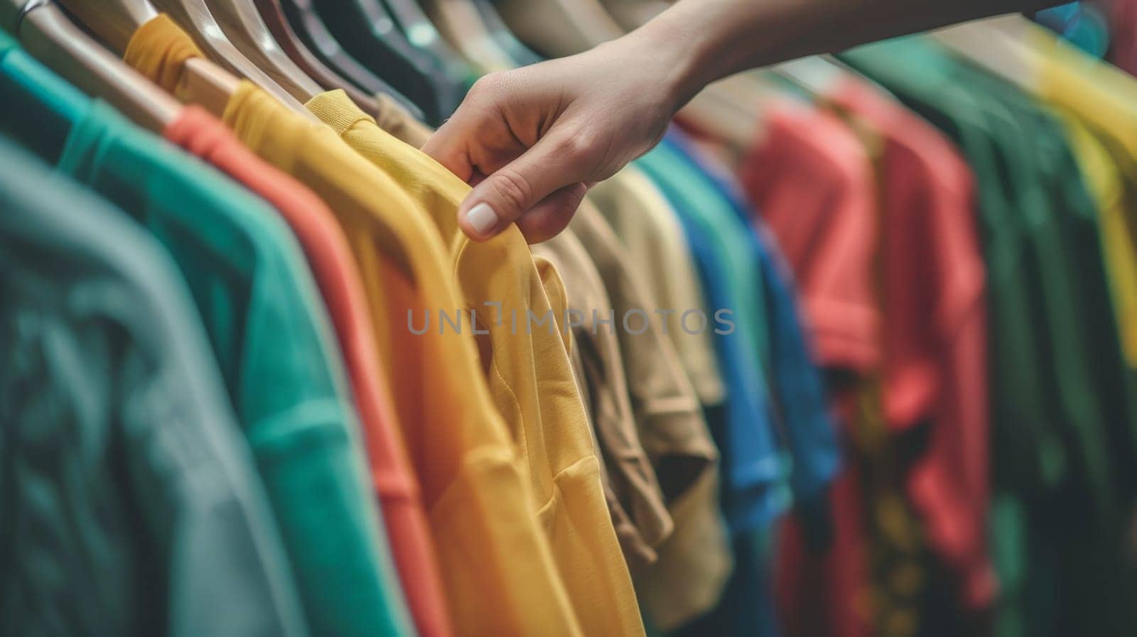 A female hands choosing clothes in a clothing store, Summer outfit by nijieimu