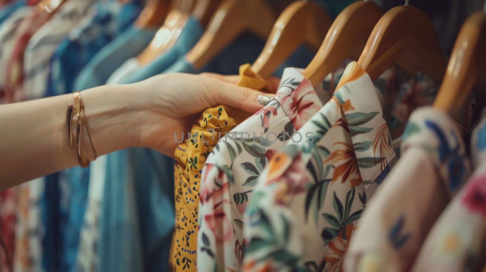 A female hands choosing clothes in a clothing store, Summer outfit.