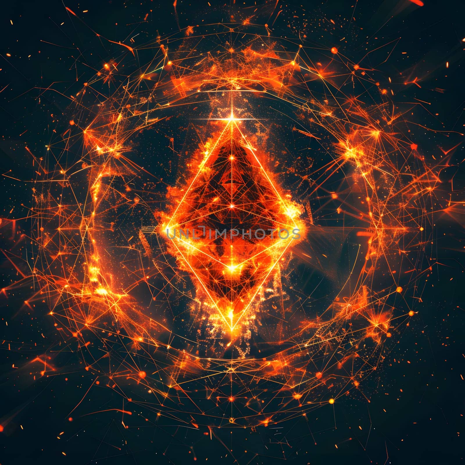 The Ethereum logo is encircled by a blazing ring of fiery orange flames resembling a celestial astronomical object in the sky, emitting heat and radiating an amber glow