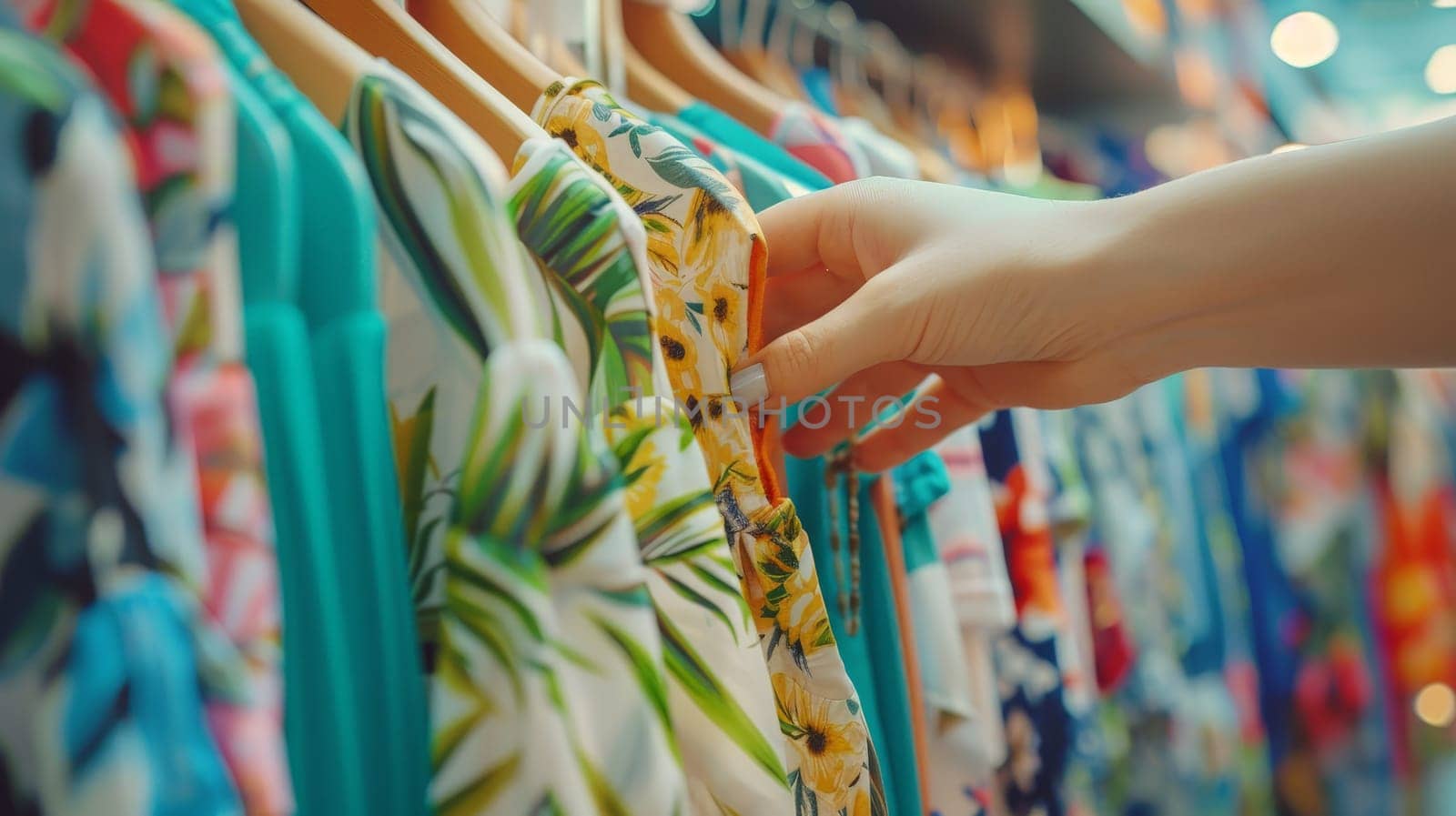 A female hands choosing clothes in a clothing store, Summer outfit.