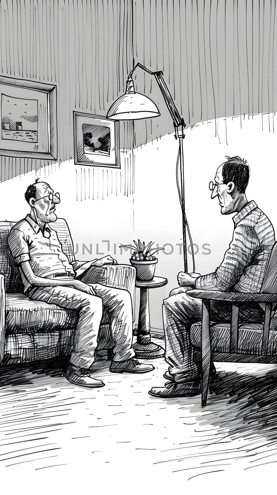 Two individuals are seated in monochrome chairs in an artfilled living room, engaging in conversation. The room is decorated with paintings, illustrations, and a houseplant