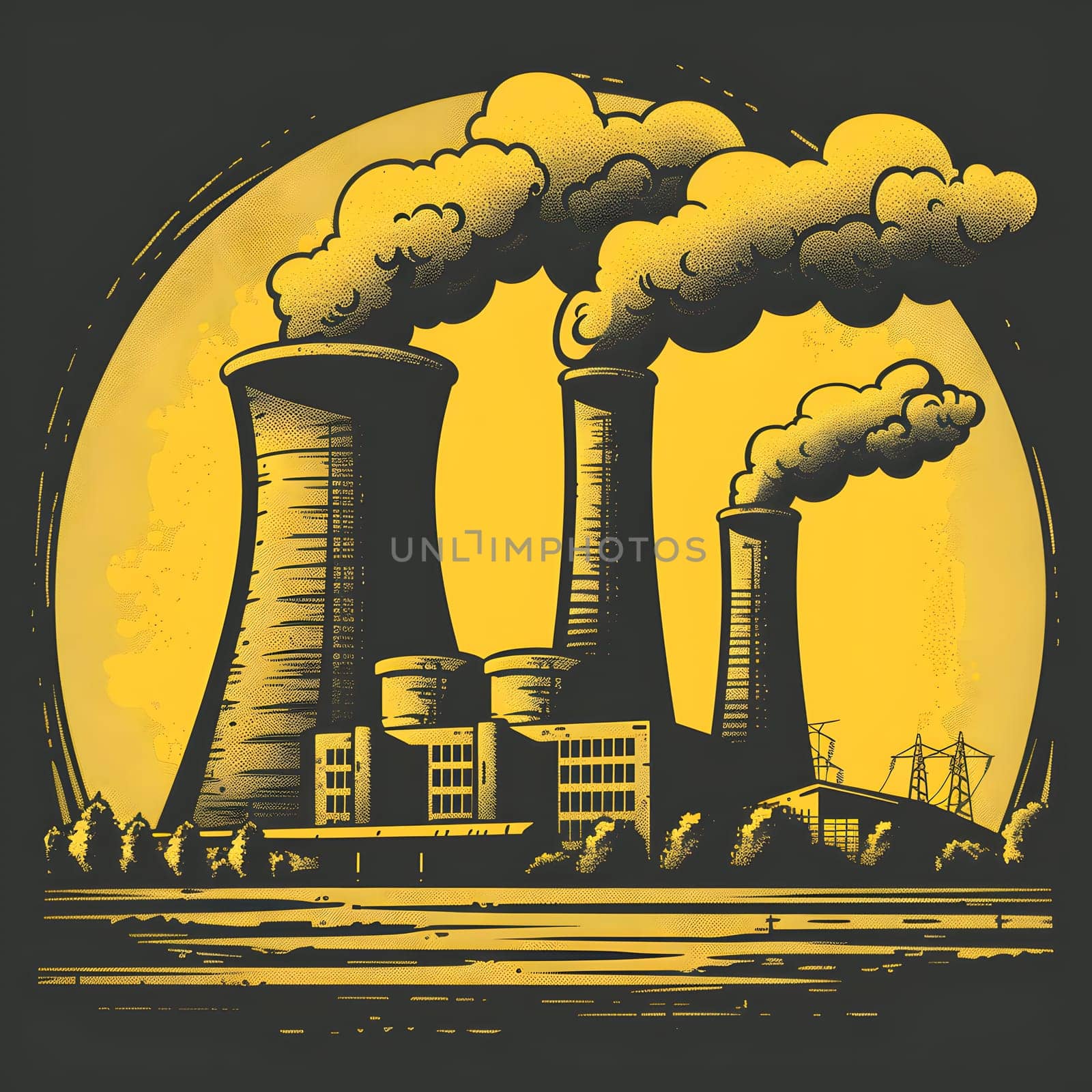 An art piece showing a black and yellow illustration of a nuclear power plant in a rectangular picture frame, with shades and tints creating a striking visual effect