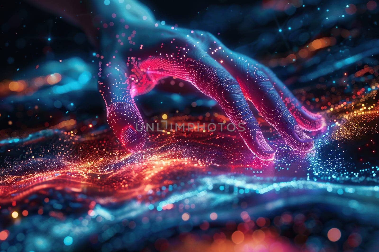 A person's hand in a light information flow. Abstract image of data in the form of neon threads.