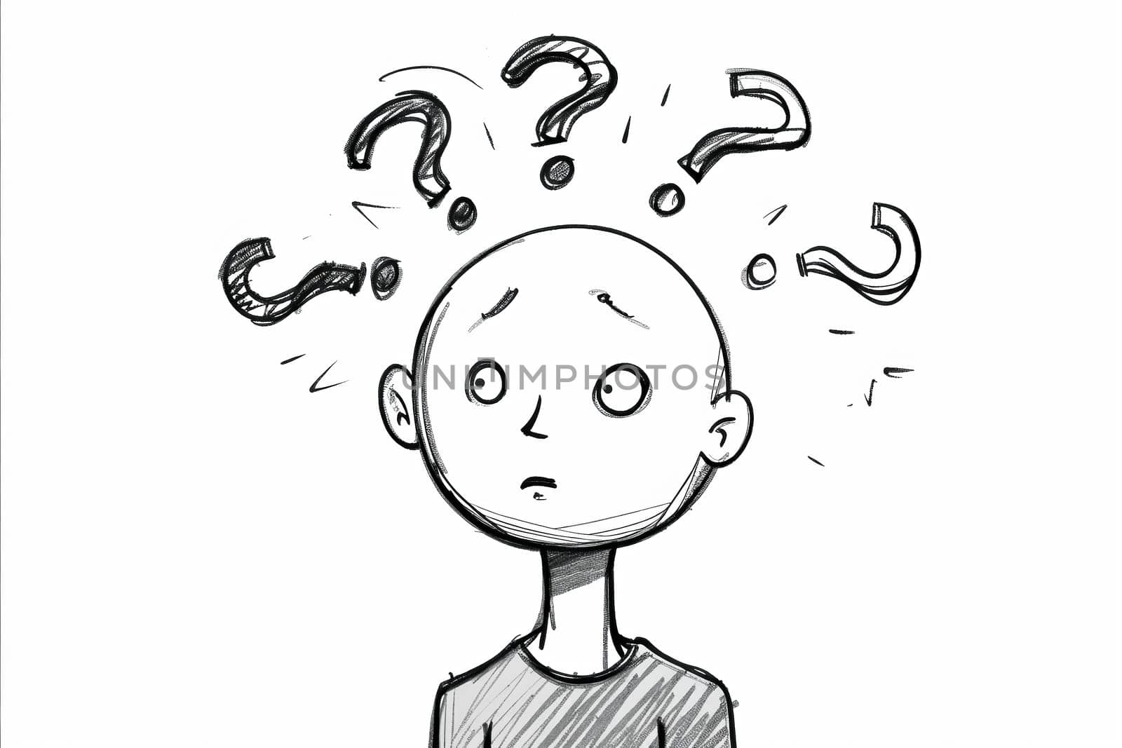 A man with a blank expression on his face with a lot of questions written on his head. Concept of confusion and uncertainty. Generative AI