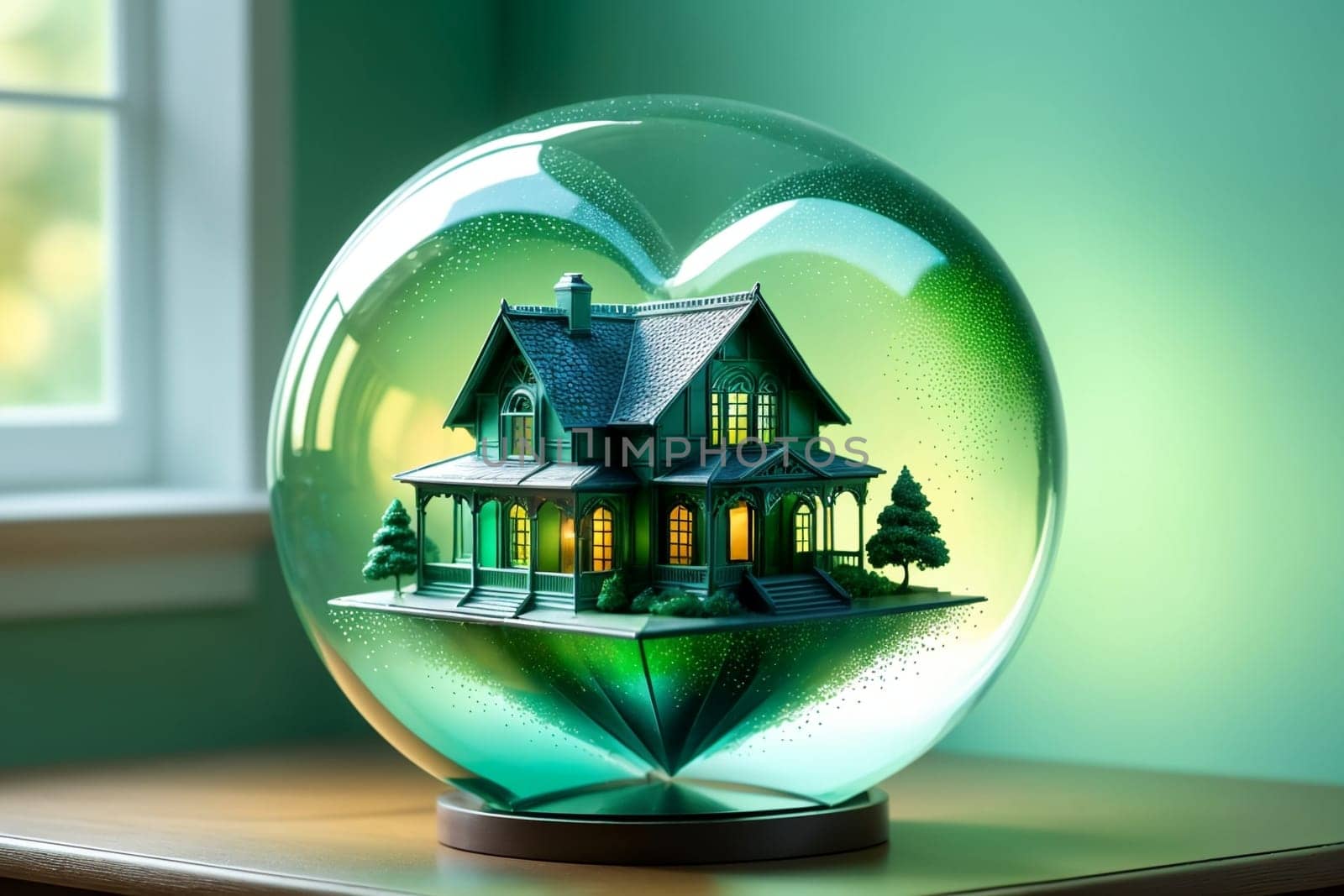 house in a glass ball, concept of family happiness and protection .