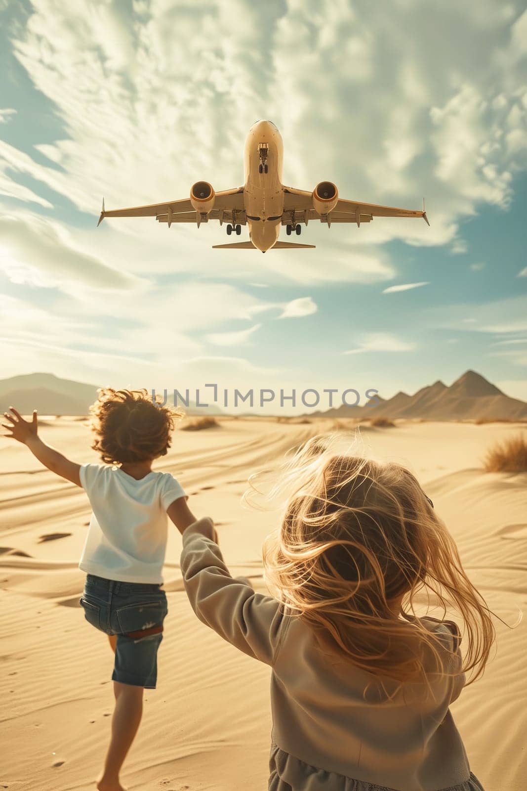 Two children are running in the desert, one of them is holding the other's hand. A plane is flying overhead, and the children are looking up at it. The scene is lively and playful. Generative AI