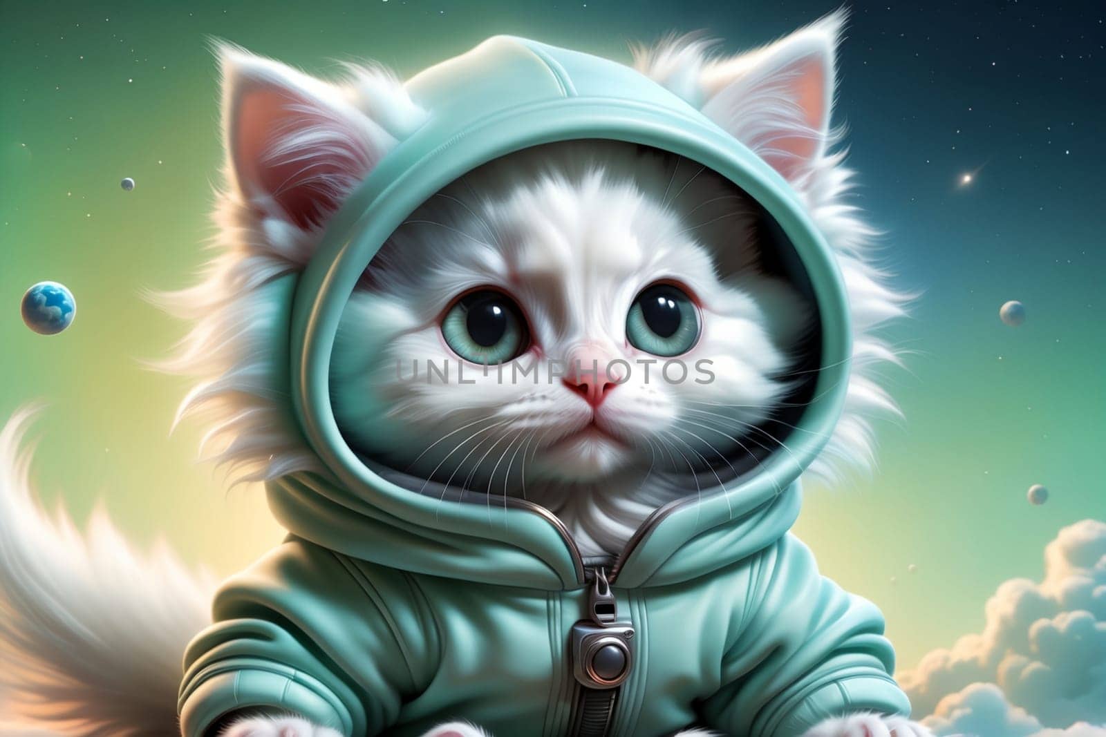 portrait of a cute white kitten with big eyes in a sweatshirt, isolated on a light blue background.