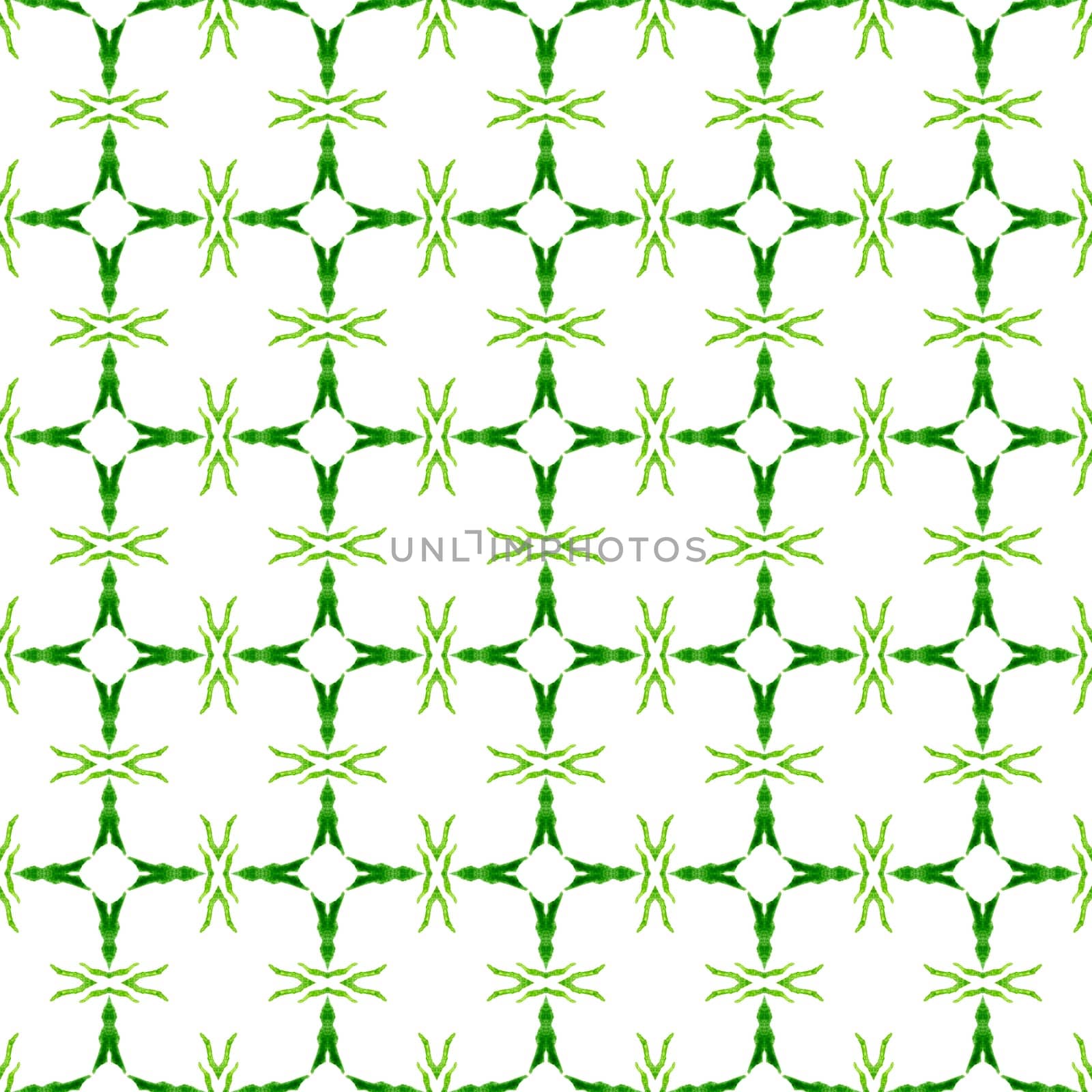 Textile ready delightful print, swimwear fabric, wallpaper, wrapping. Green mesmeric boho chic summer design. Hand painted tiled watercolor border. Tiled watercolor background.