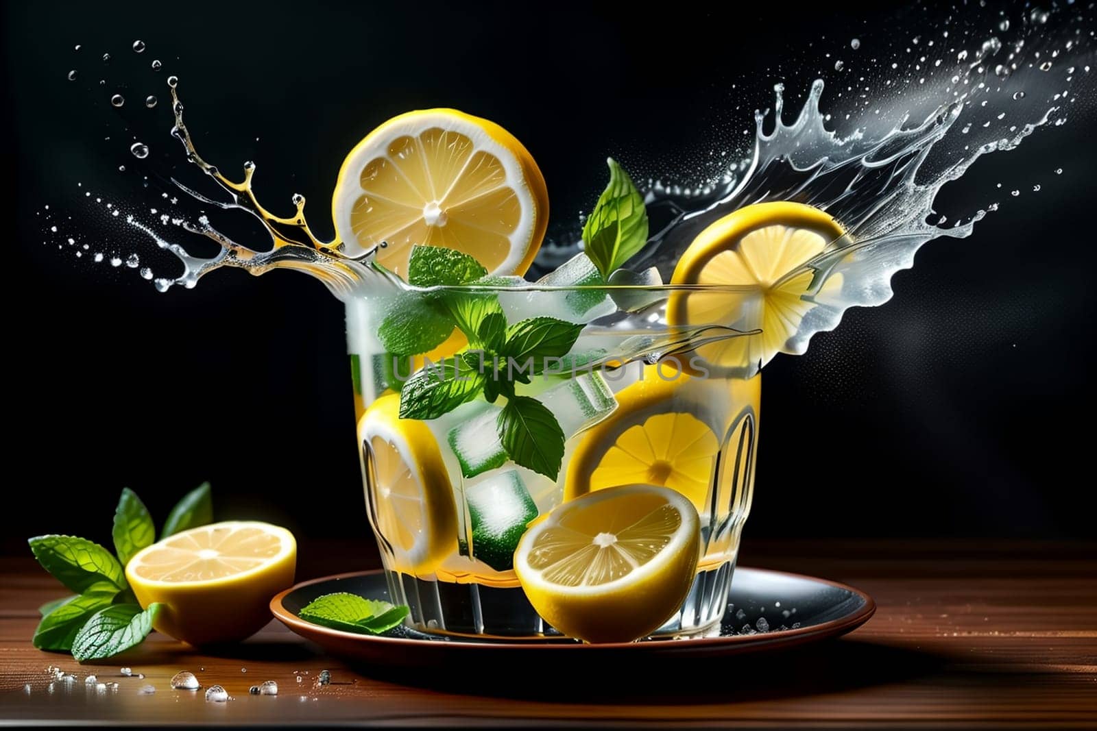 lemonade in a glass with lemon slices and mint by Rawlik