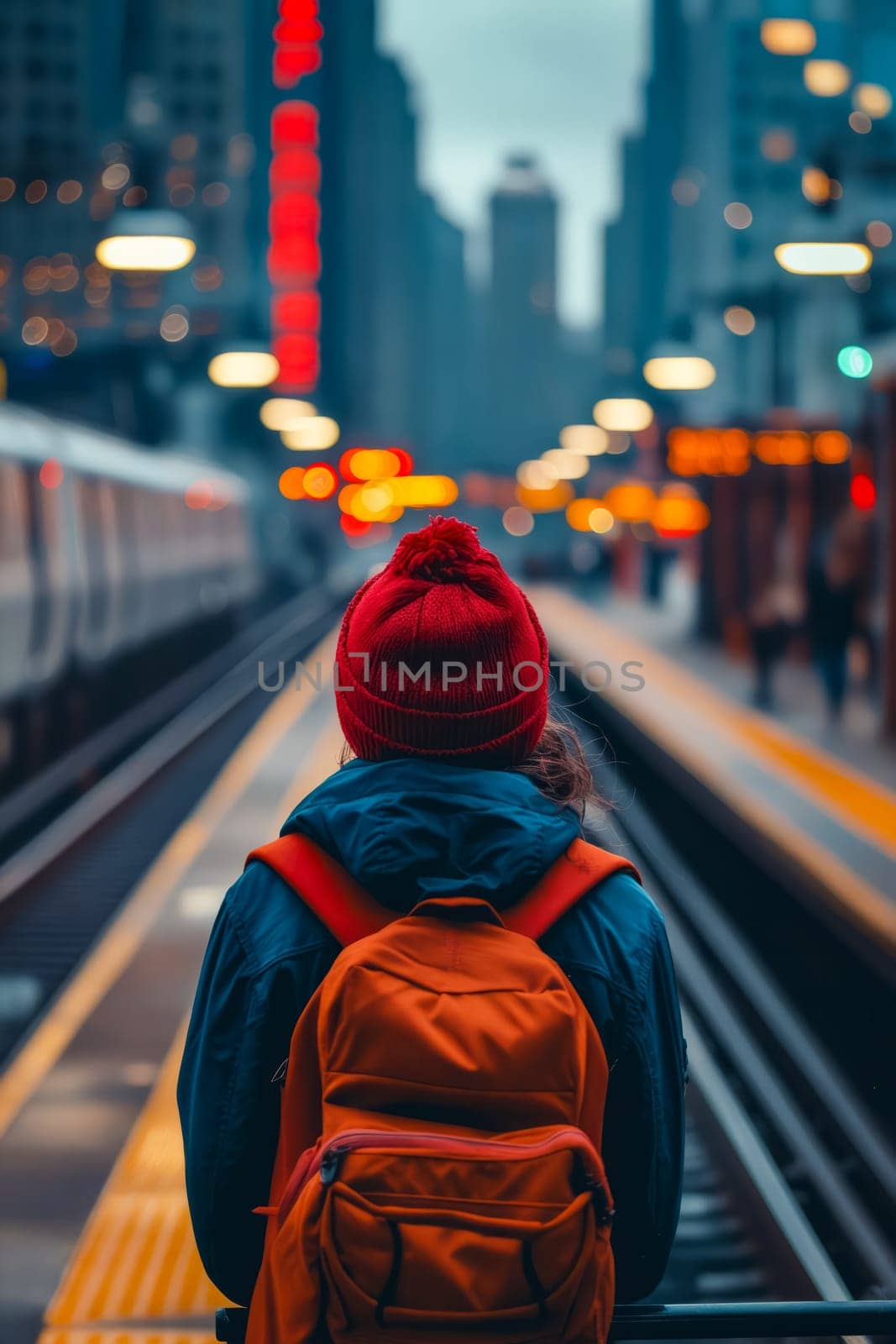 A woman wearing a red hat and carrying a backpack stands on a train platform. The image has a moody, urban feel to it, with the woman's red hat and backpack adding a pop of color to the scene. Generative AI