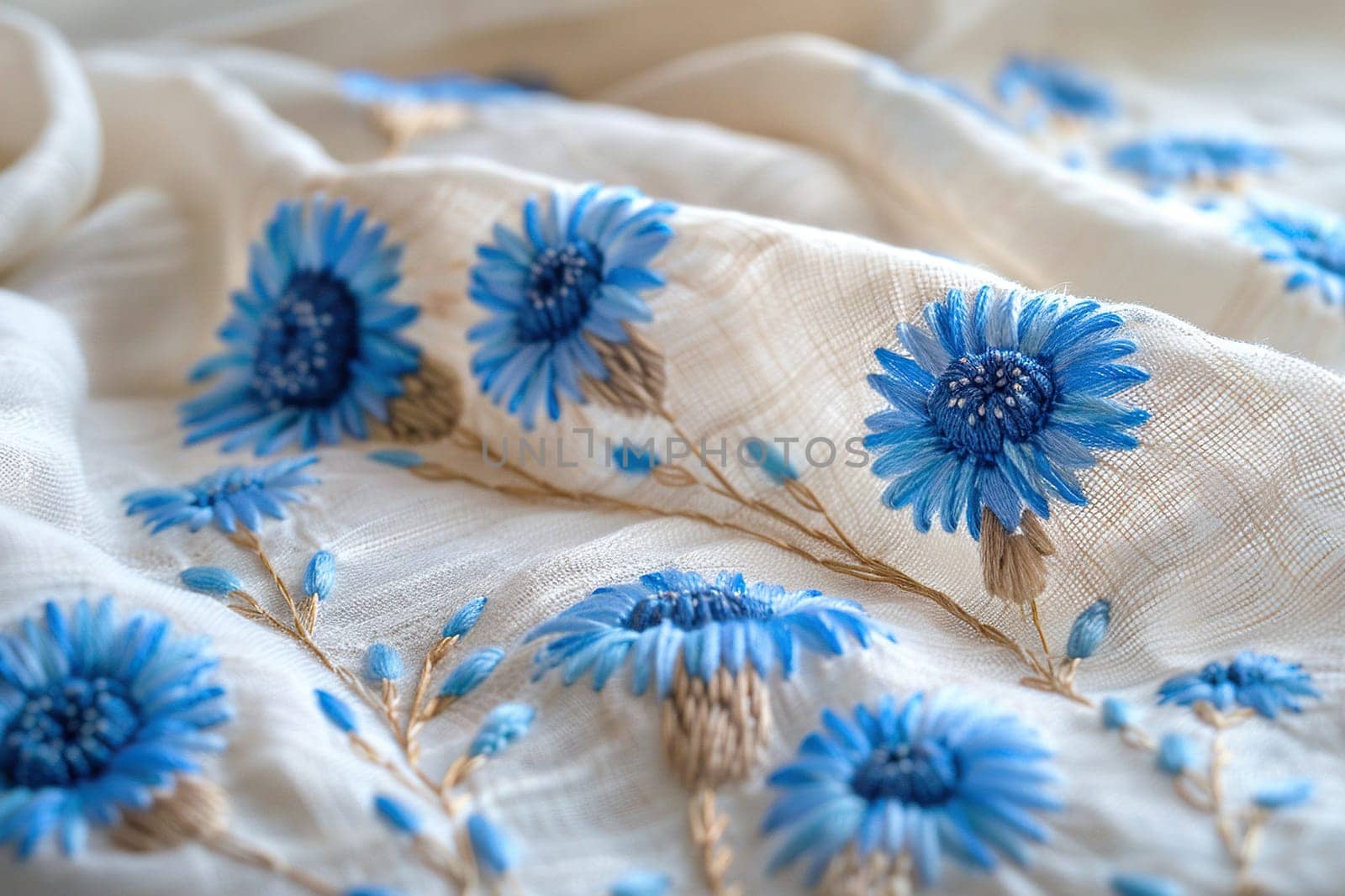 Horizontal background with the texture of linen fabric and cornflowers embroidered on it. Textiles for a cozy home. Generated by artificial intelligence by Vovmar