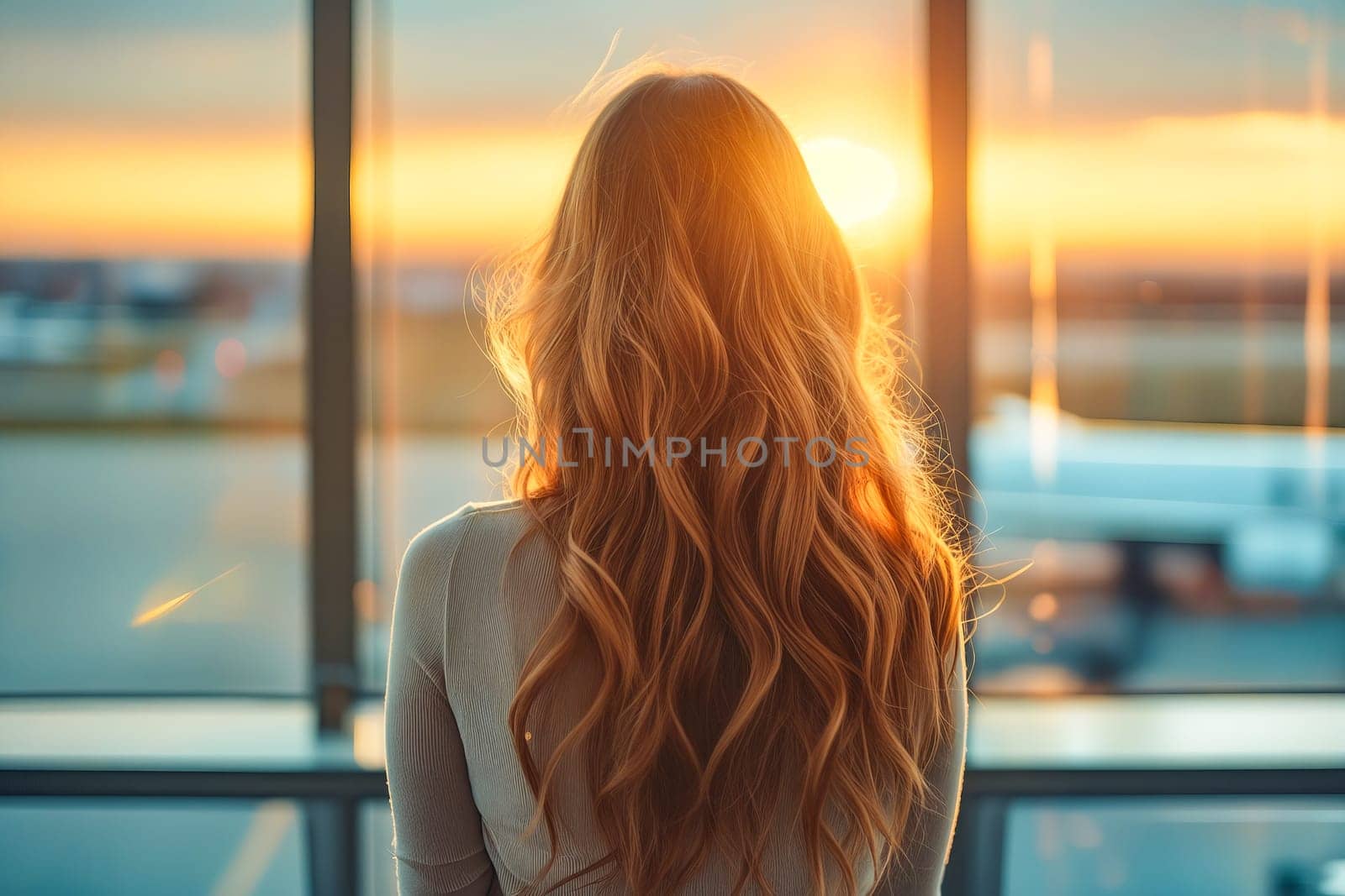 A woman with long red hair is looking out the window of an airplane. The sun is setting, casting a warm glow over the scene. The woman is lost in thought. Generative AI