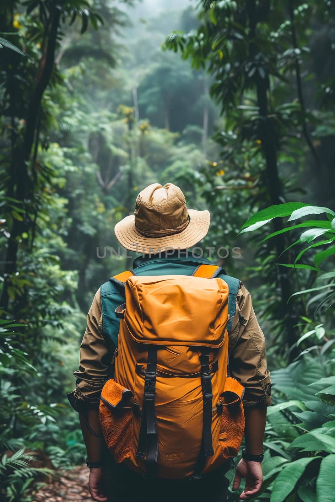A man wearing a hat and carrying a backpack is walking through a forest. Concept of adventure and exploration, as the man is venturing into the wilderness with his backpack. The lush green trees. Generative AI