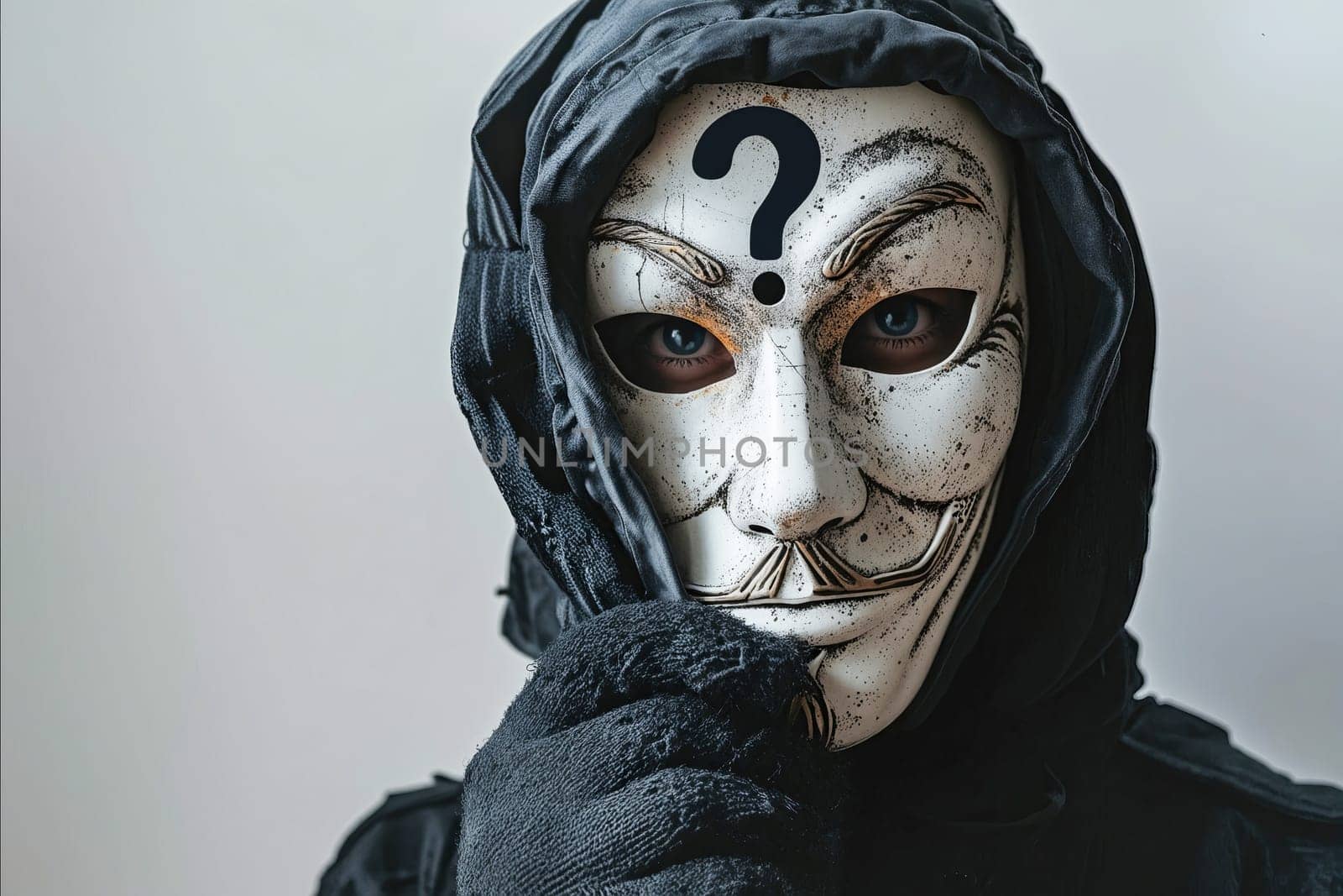 A man in a mask with a question mark on it. The mask is black and white. The man is looking down and he is deep in thought. Generative AI