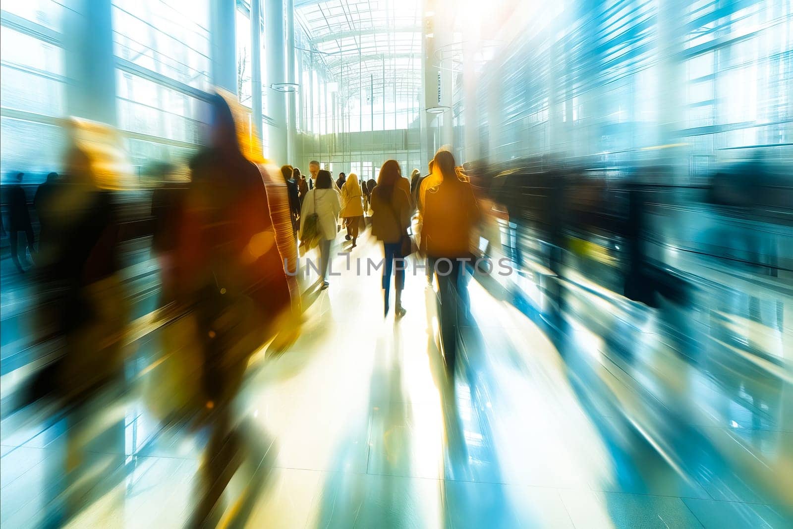 A blurry image of a crowded train station with people walking around. Scene is busy and bustling, with people going about their daily routines. Generative AI