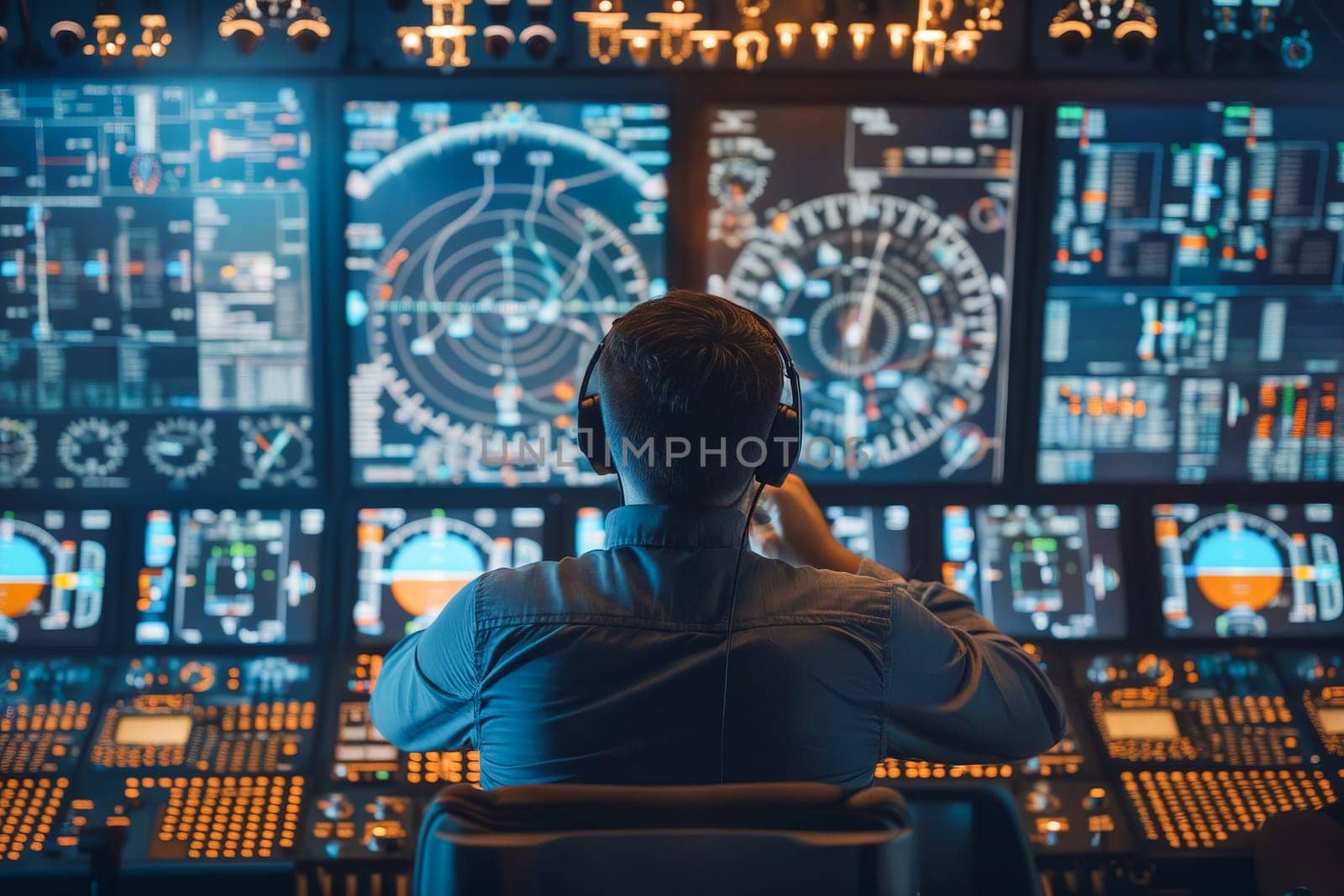 A man wearing headphones is sitting in front of a computer monitor with a lot of numbers and graphs. He is focused on the screen and he is working on something important. Generative AI