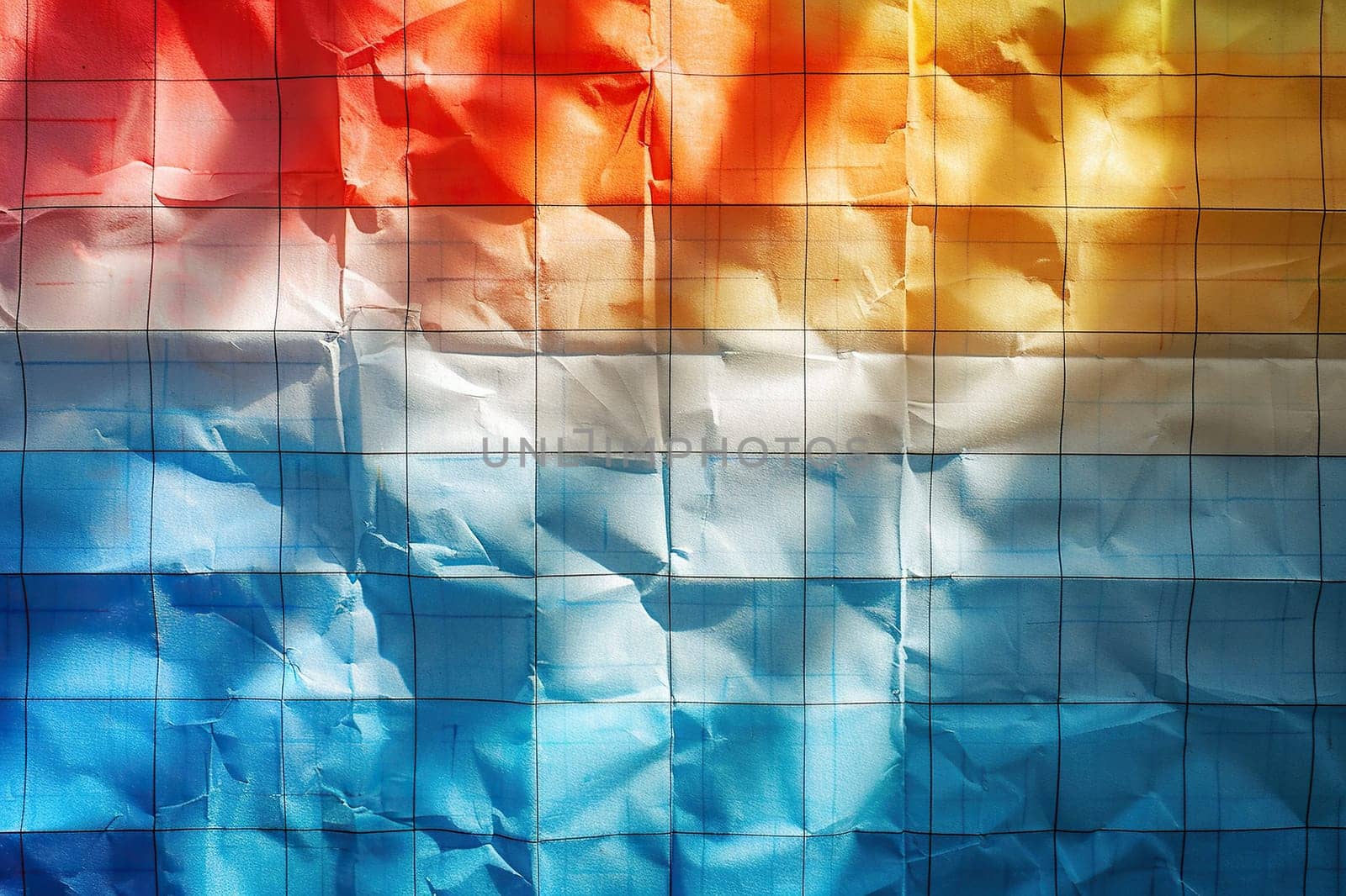 Horizontal background with texture of crumpled colored paper in a checkered pattern. Generated by artificial intelligence by Vovmar