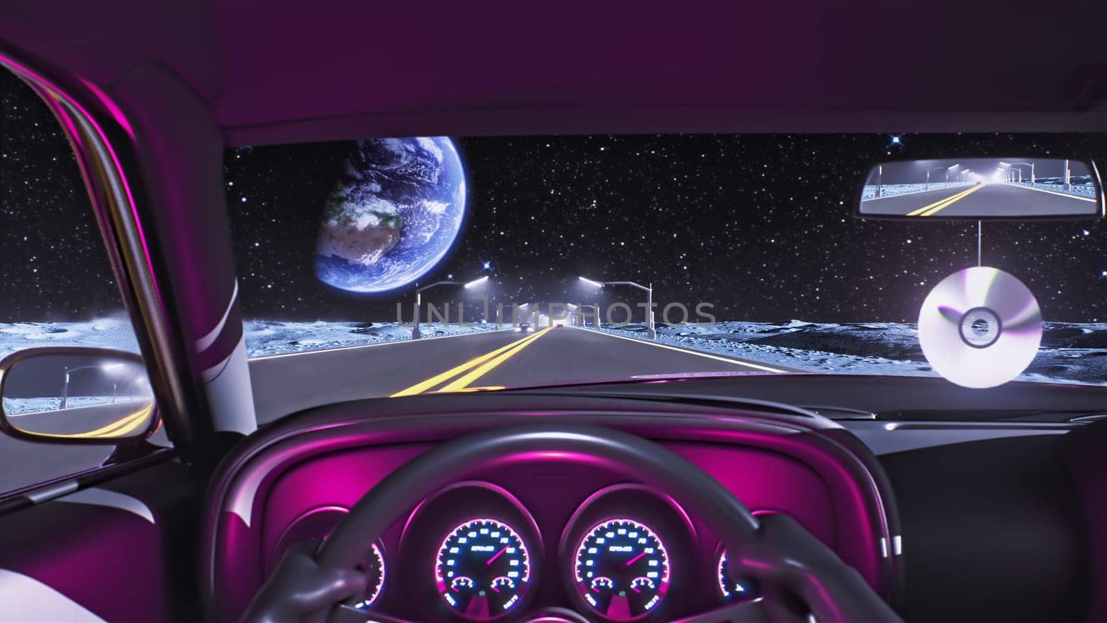 3d render view from inside a car on the highway of the moon overlooking outer space with planet earth in 4k