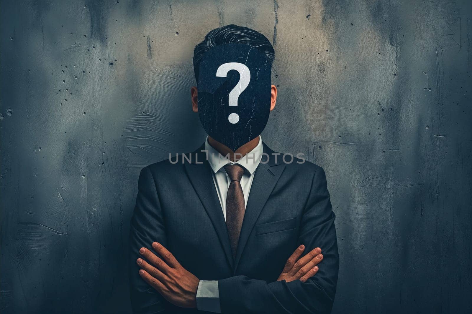 A man in a suit is standing in front of a wall with a black mask on his face. The mask has a question mark on it. Generative AI
