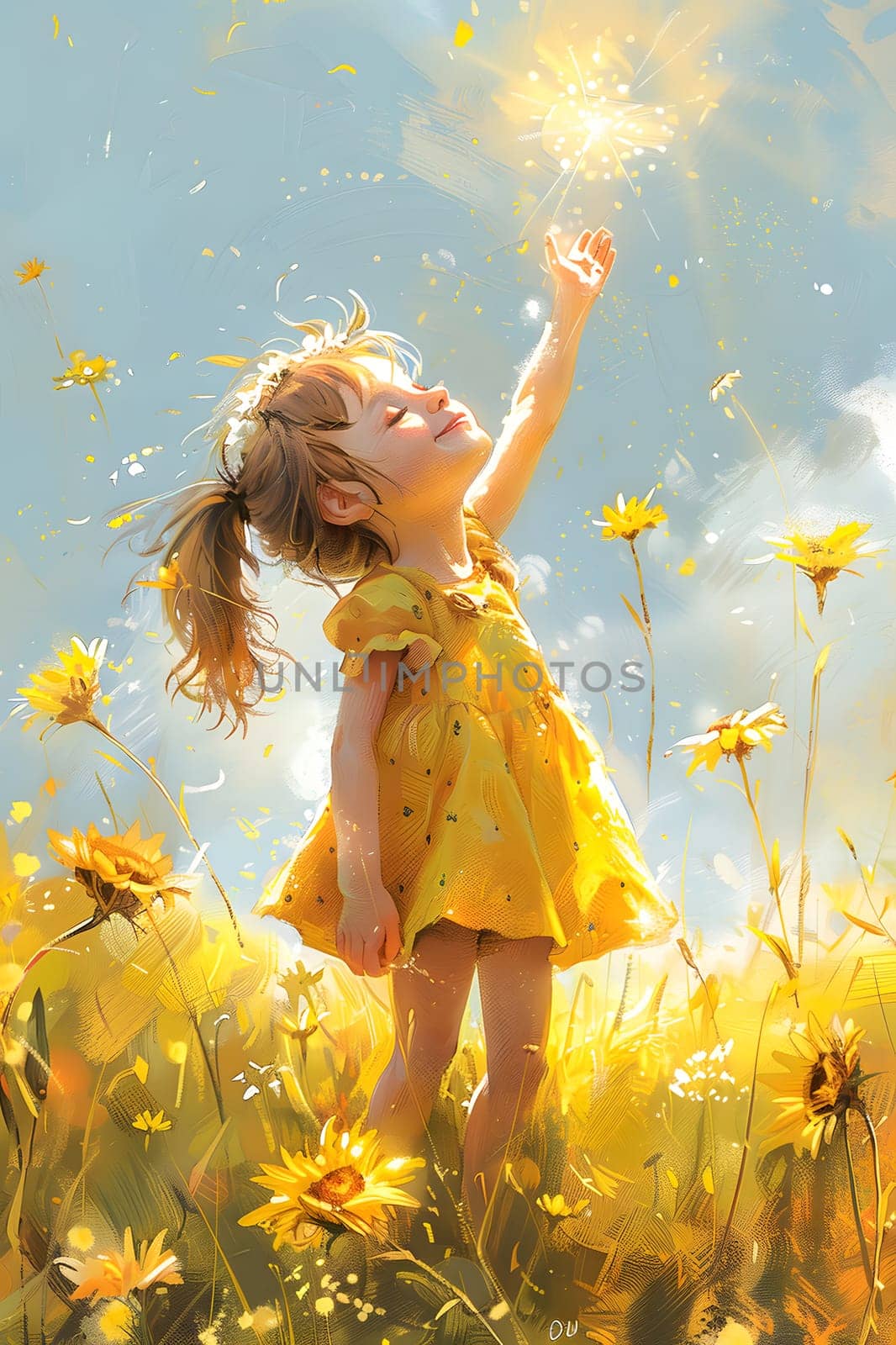 A toddler in a sunny yellow dress is playing in a meadow of yellow flowers, her smile radiating happiness as she enjoys the beauty of nature