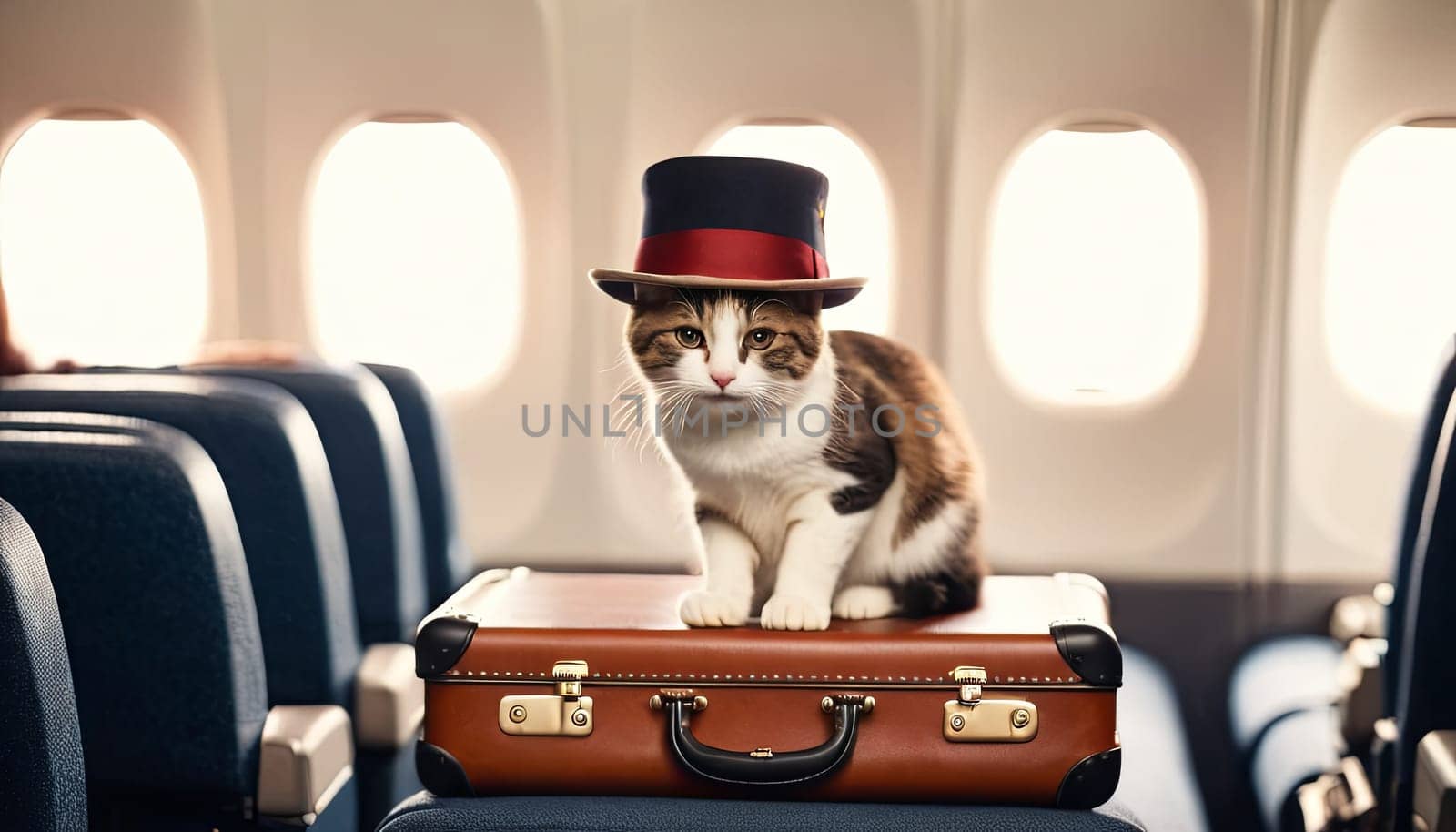 Traveler cat at airport, private jet awaits. Cat adorned with stylish hat sits atop suitcase, evoking sense of companionship in travel. by Matiunina