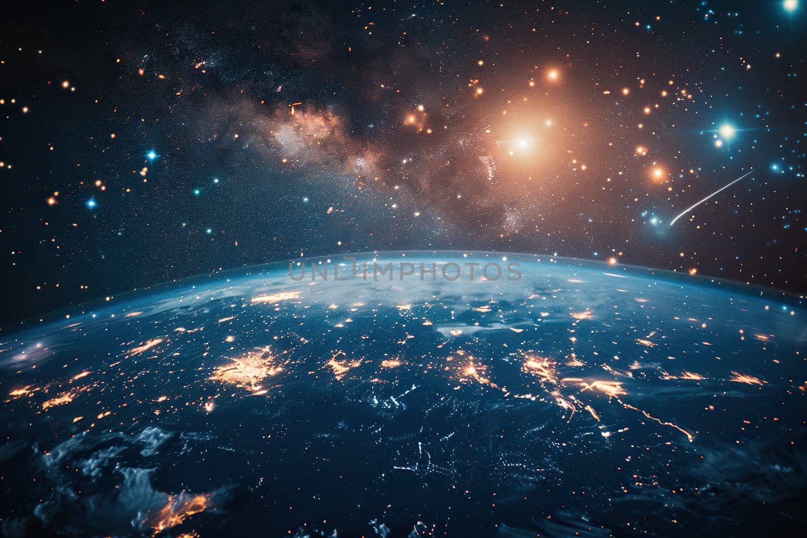 Planet earth from the space at night. Futuristic view of the night sky with many satellites. Generated by artificial intelligence by Vovmar