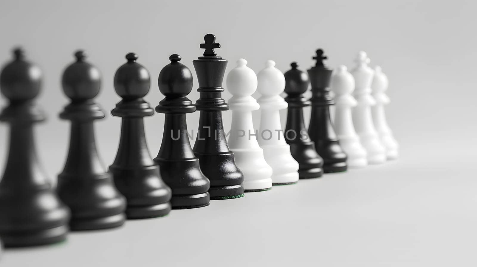 A line of black and white chess pieces on a board game by Nadtochiy