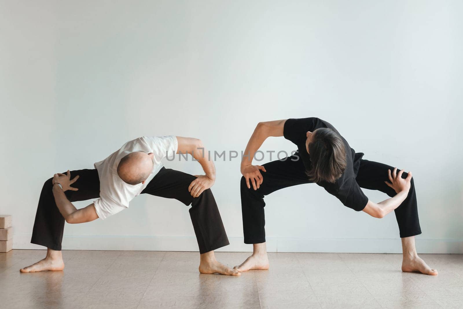 two young athletes practice yoga in the gym. Joint training, indoors, studio. The concept of a healthy lifestyle by Lobachad