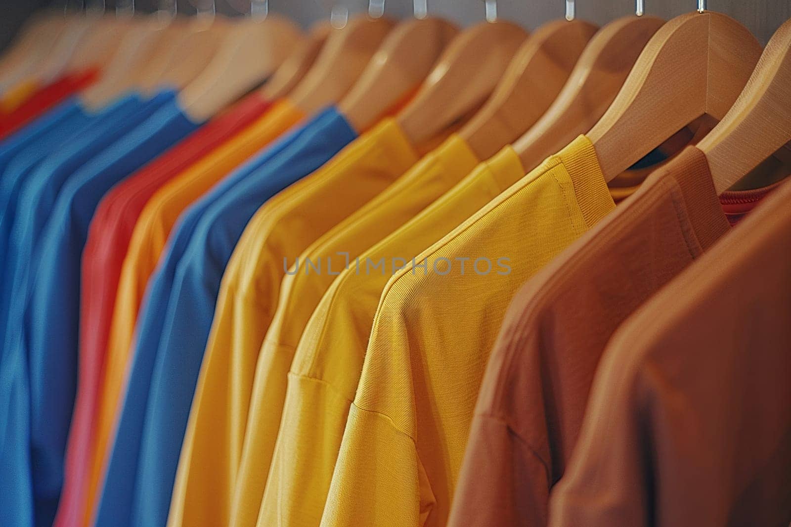 Plain T-shirts without patterns or inscriptions hang in a row on hangers. T-shirt mockups for men and women. Generated by artificial intelligence by Vovmar
