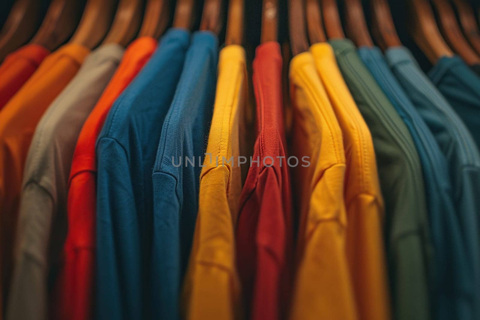 A lot of T-shirts of different colors hang on hangers close-up.
