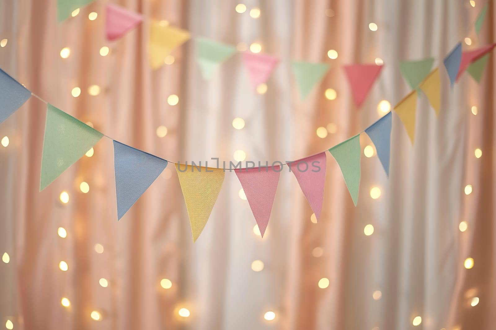 The room is decorated with garlands of multi-colored triangles and light bulbs. The concept of organizing a holiday.