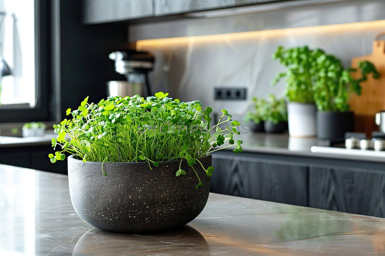 Lush microgreens in a pot on the kitchen counter close-up. Eco vegan healthy lifestyle bio banner. Generated by artificial intelligence by Vovmar