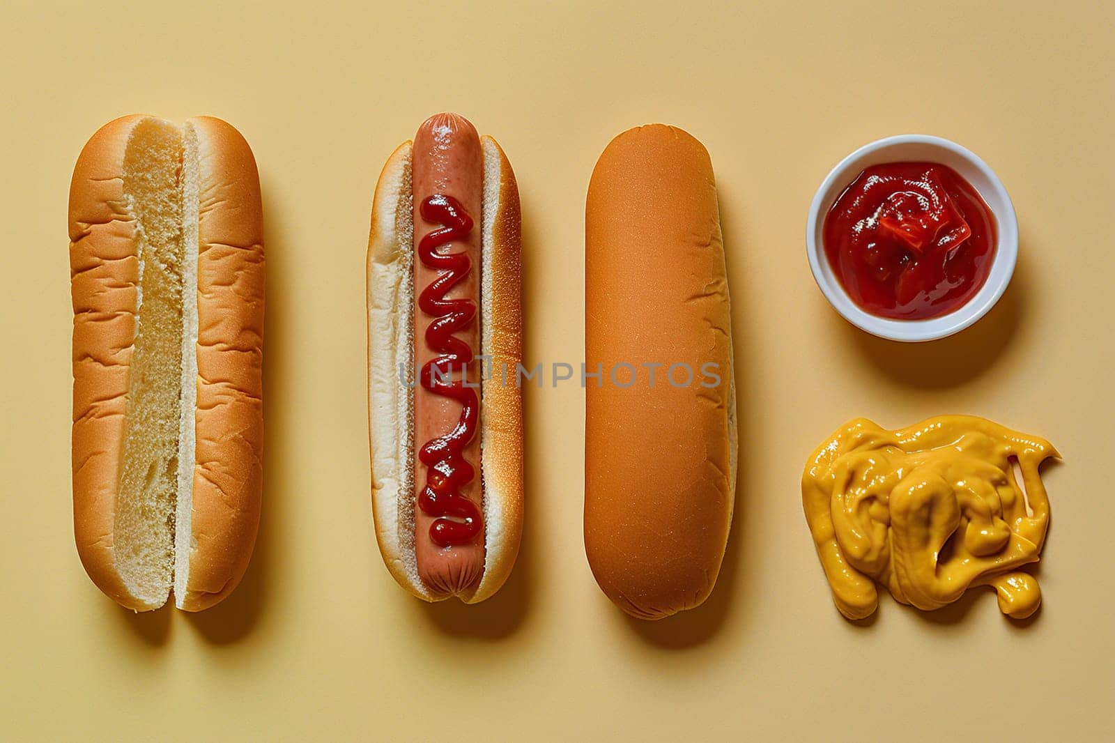 Ingredients for a hot dog. Bun, sausage, mustard and ketchup on a white background. Fast food concept.