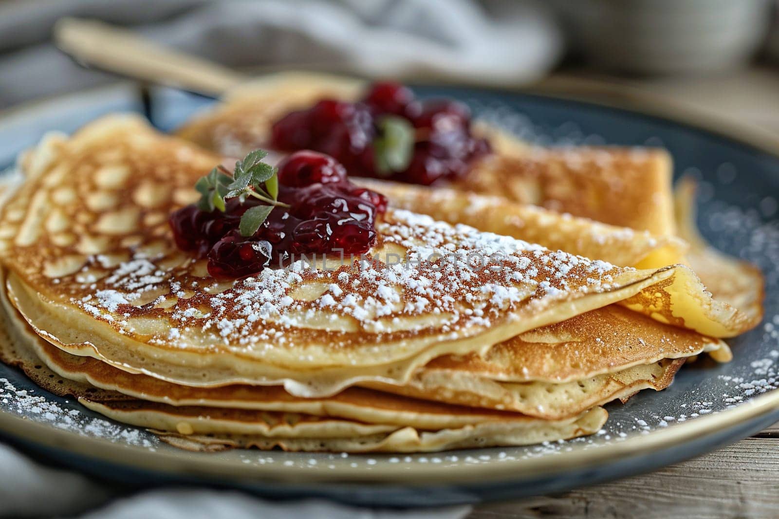 A stack of pancakes with lingonberry sauce on a plate on a wooden table. Swedish cuisine dish.
