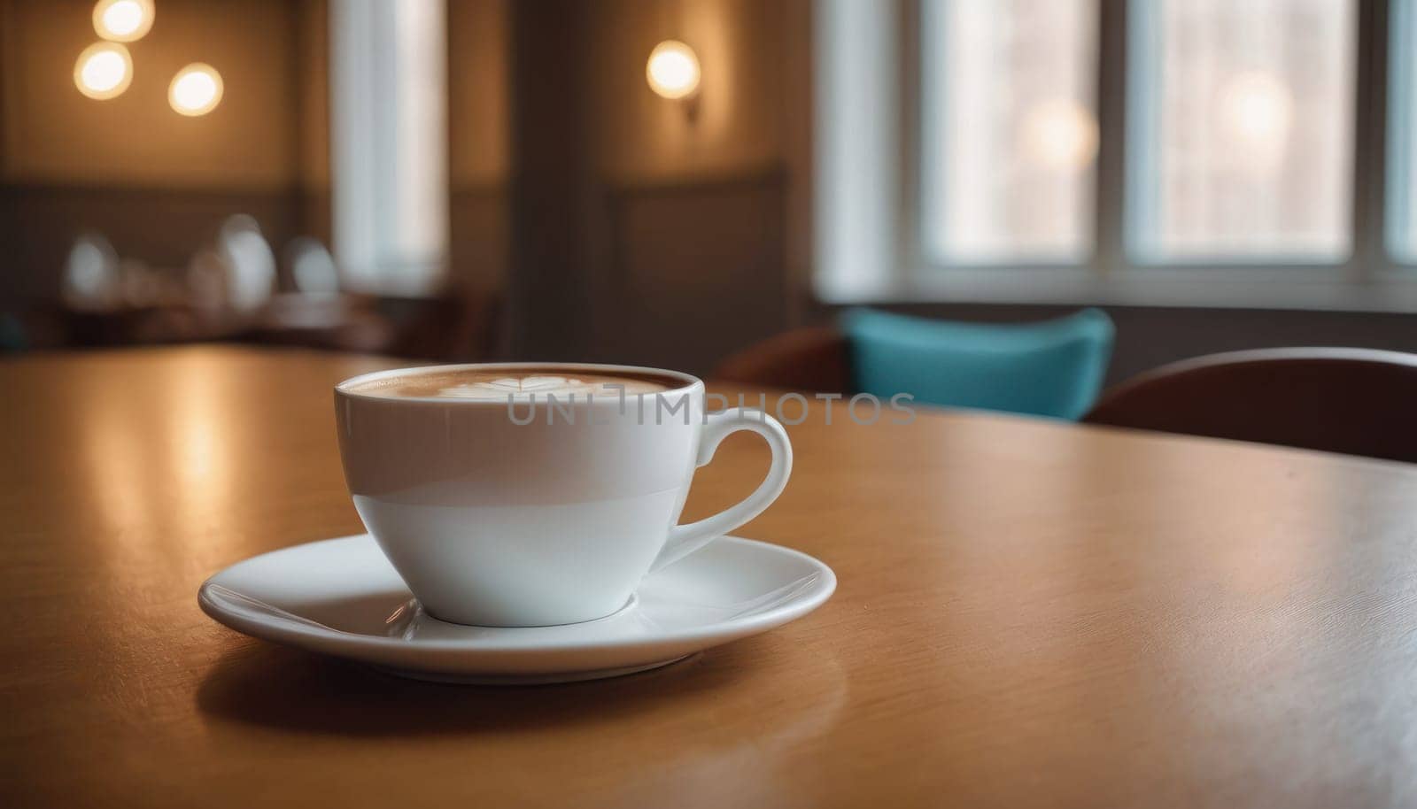 Cafe hot cup of coffee on a saucer on a dark background, casting a thin shadow. Bokeh in the background. by Matiunina