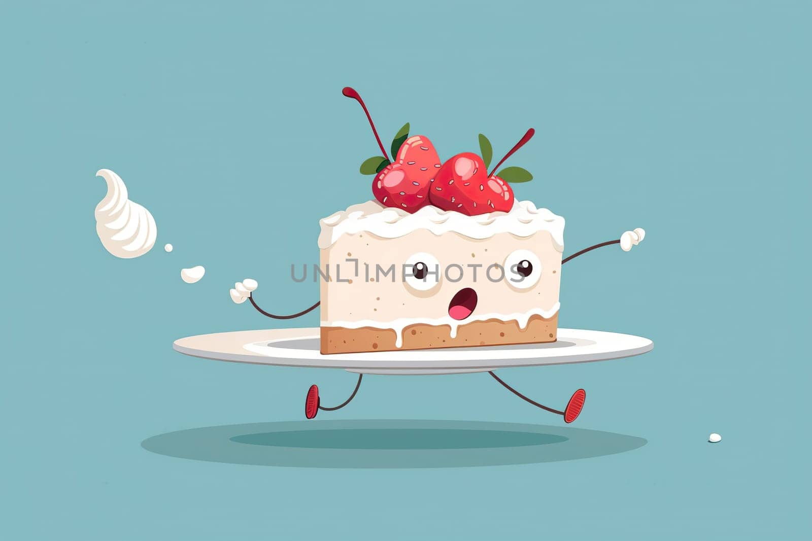 A frightened piece of cake with white cream and chocolate sponge cake and a cherry on top runs off the table. The concept of holiday, fun, sweets. Cartoon style. Generated by artificial intelligence by Vovmar