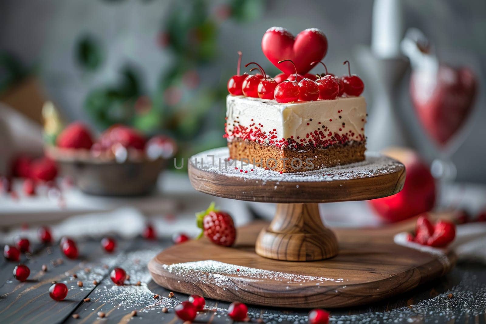 Heart-shaped cake on a wooden stand with decor. Concept for celebrating birthday, Valentine's Day, Mother's Day or March 8th.