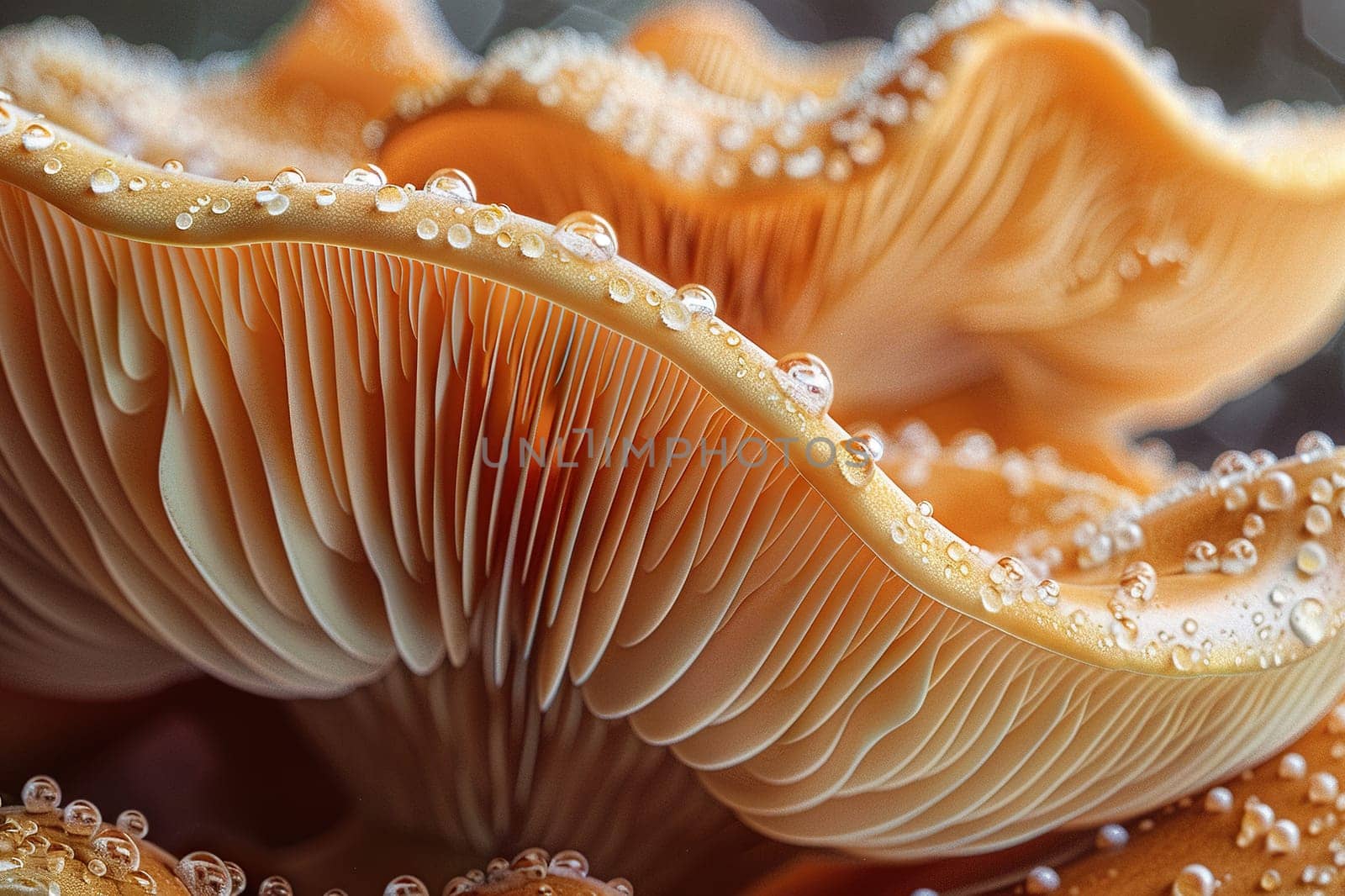 Close-up of mushroom texture with water drops. Generated by artificial intelligence by Vovmar