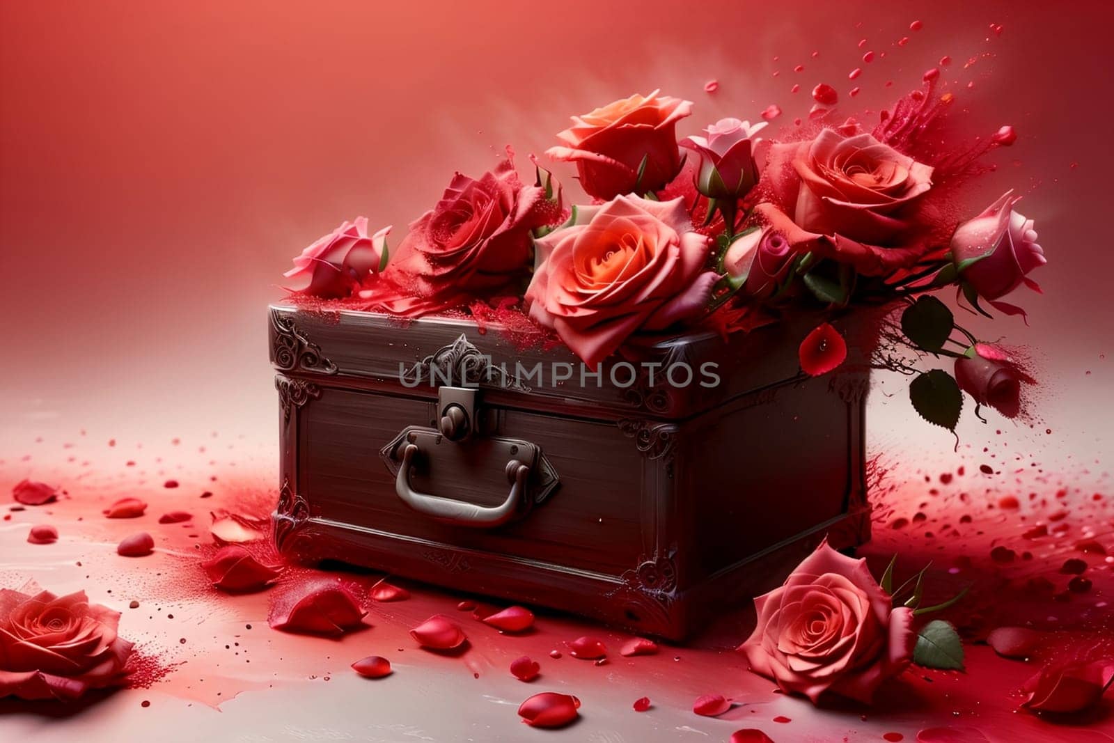 box with beautiful red roses .