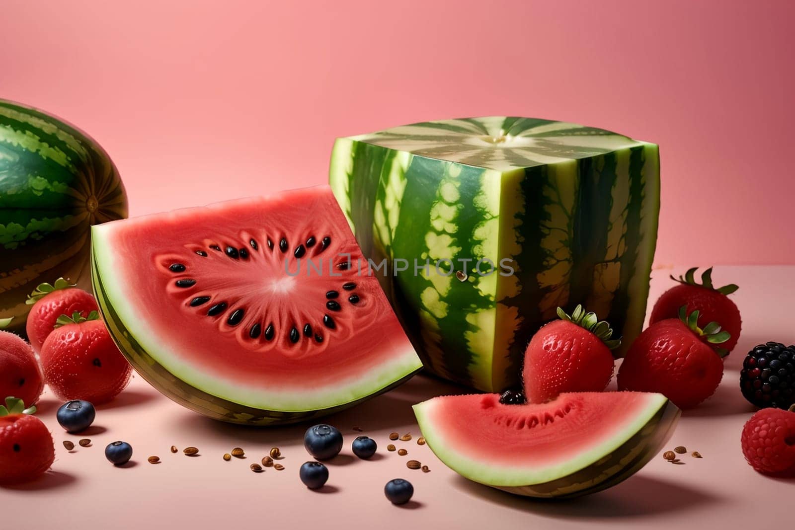 juicy ripe watermelon, splash of juice, isolated on pink background by Rawlik