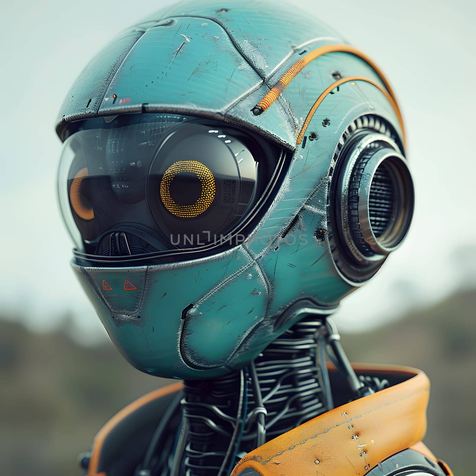 An electric blue robot wearing headgear and headphones gazes at the camera, embodying a fictional character from a futuristic world of machines and technology
