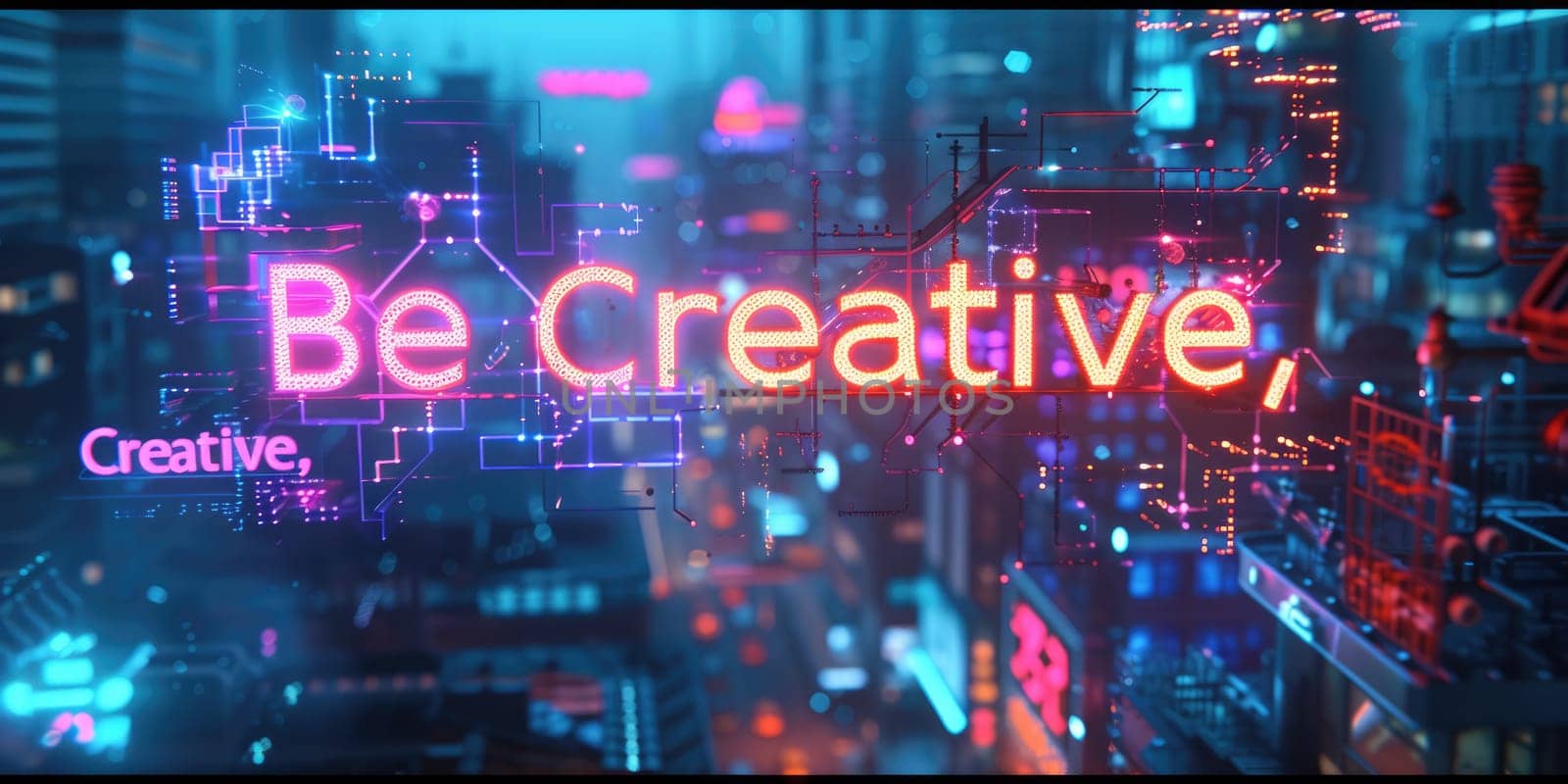 Letter of be creative in variant texture with bright light neon color in futuristic design with 3D design surrounded with high tower or electrical machine and big city at night. Scifi concept. AIG42.