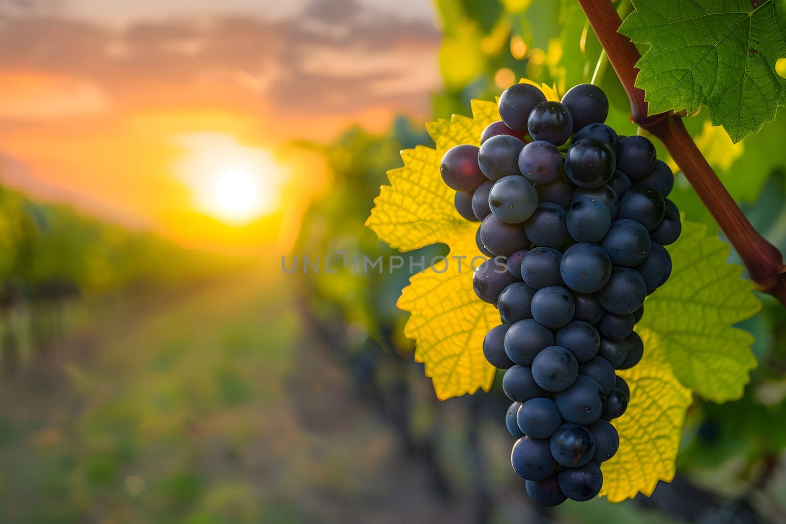 A cluster of seedless grapes hangs from a grapevine in a vineyard, surrounded by grape leaves, as the sun sets over the natural foodproducing plant