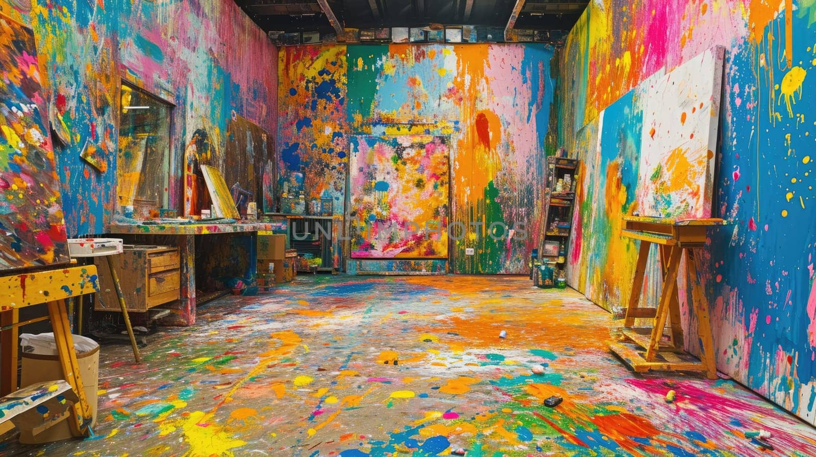 An artist's studio in full creative chaos, paint splattered everywhere, canvases in various stages of completion, vibrant colors clashing and blending. Resplendent.