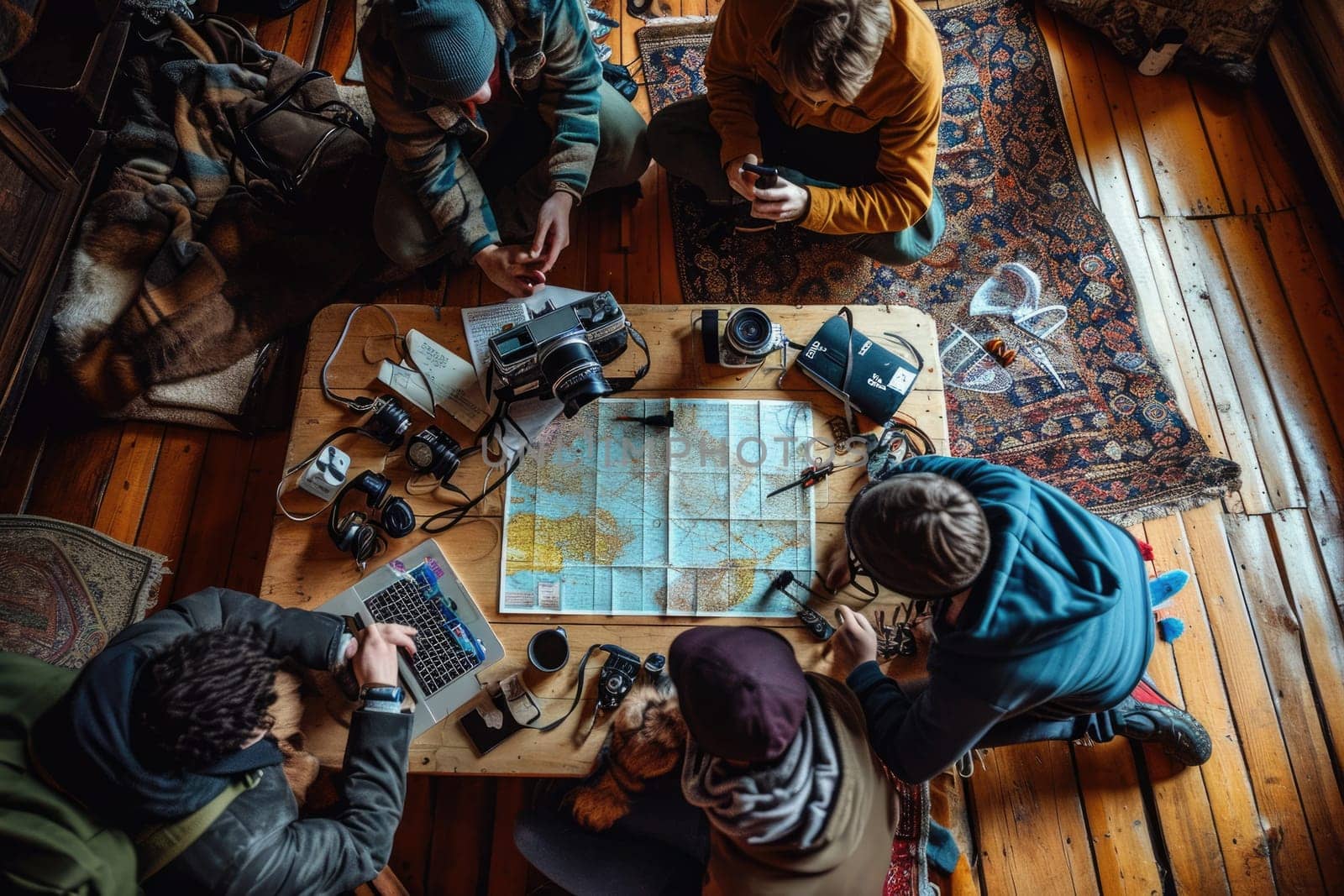 The picture of the group of the young or adult caucasian human focus and looking at a map of the world in a small room that has been filled with various object under bright sun in the daytime. AIGX03.