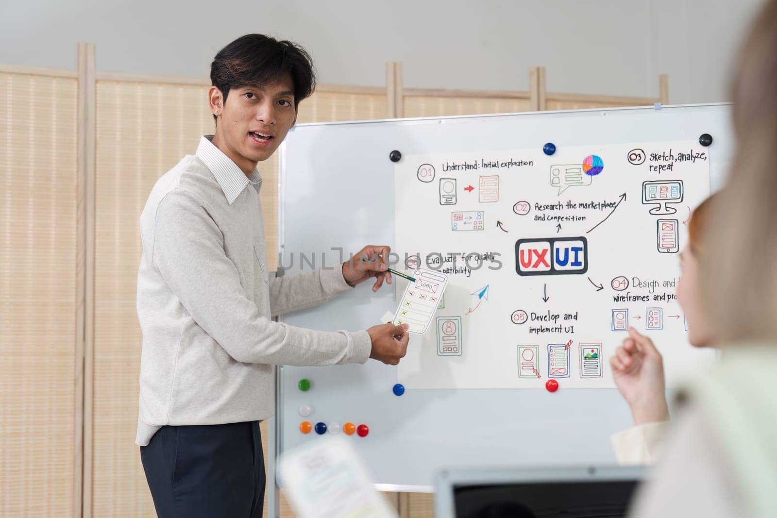 UI designer and UX developer brainstorm together. Creative digital development agency. UX UI concept by itchaznong