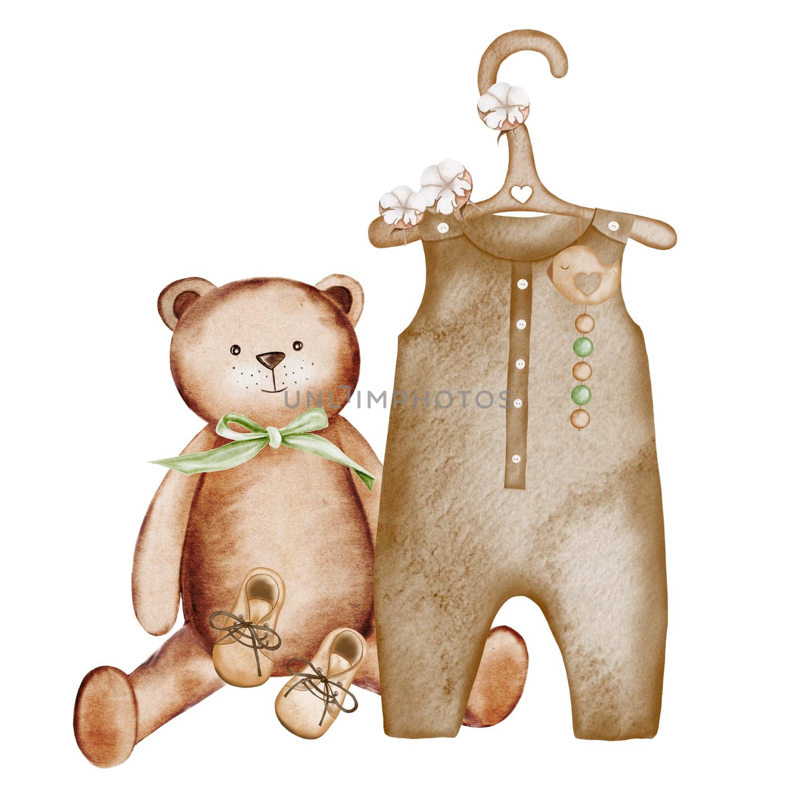 Cute baby shower watercolor invitation card. Composition of children's clothes on a hanger, a teddy bear and boots. Ideal for baby shower cards, clothing store tags, logos. High quality illustration